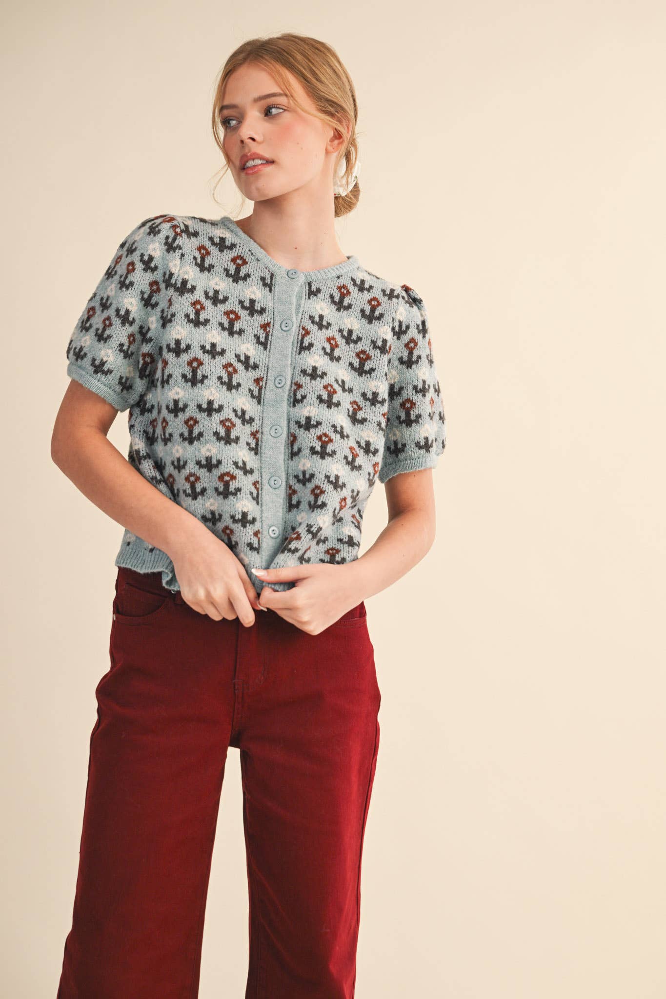 Floral Short Sleeve Sweater Cardigan