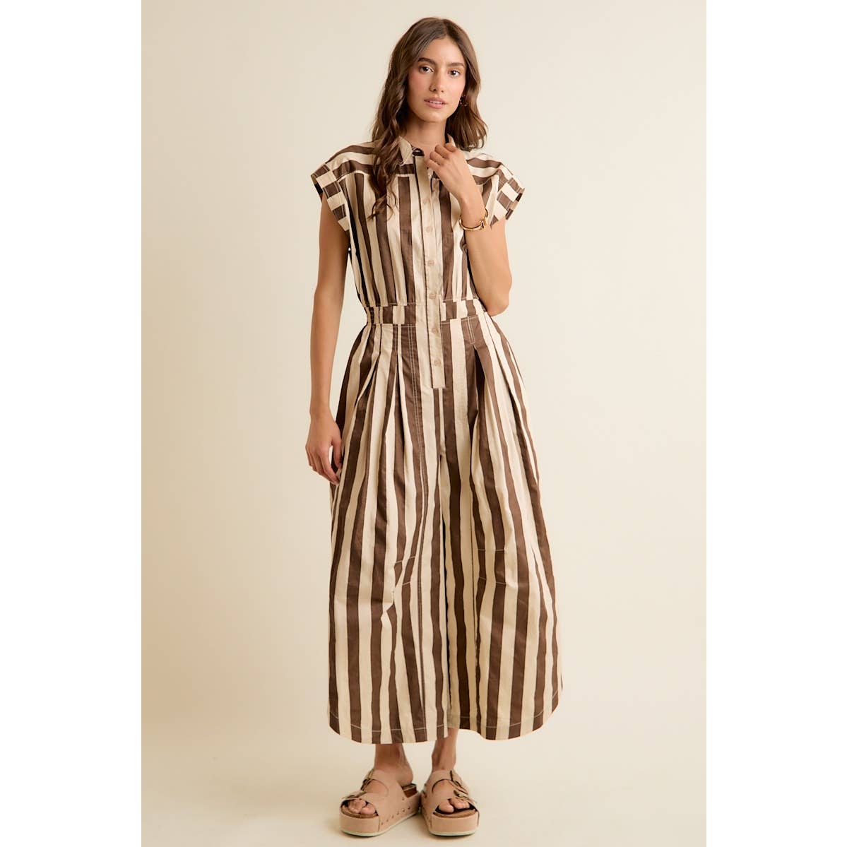 Sleeveless Brown Stripe Jumpsuit