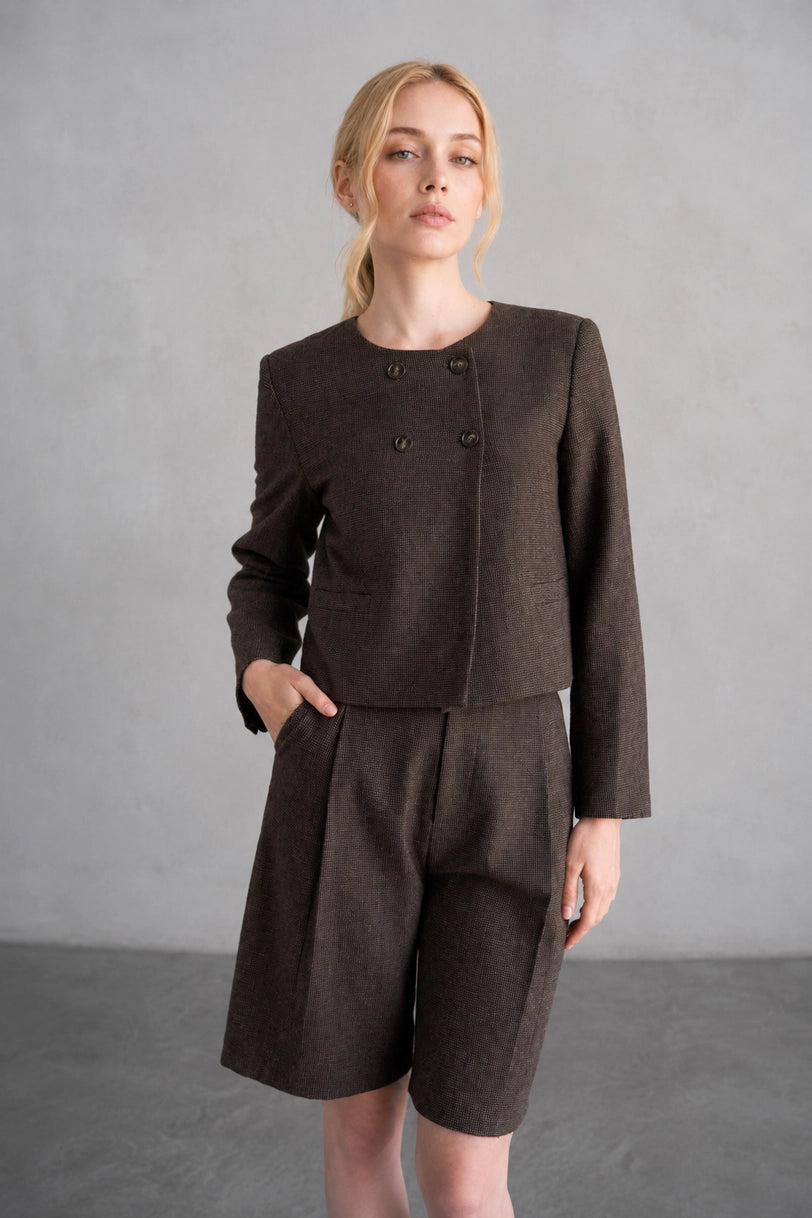 Brown Check Collarless Coat