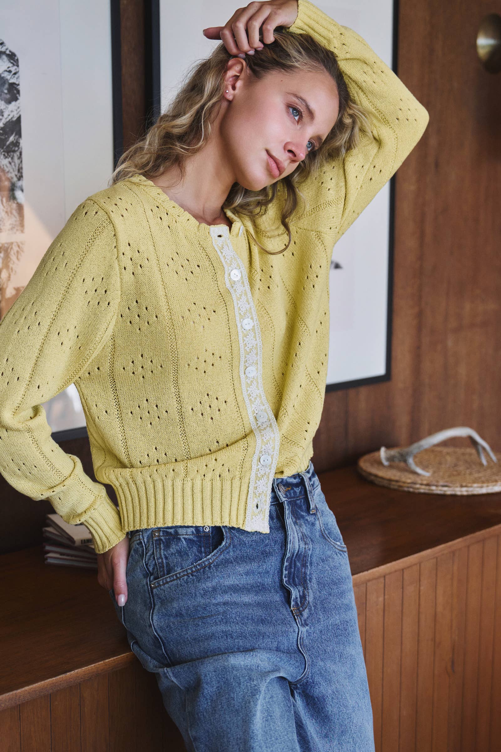 Pointelle Knit Cardigan with Lace Trim