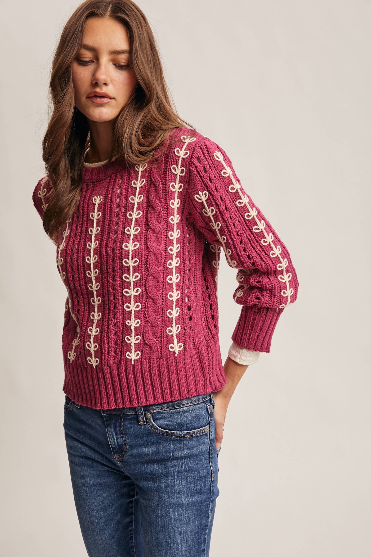 Embroidered Cable Knit Pullover