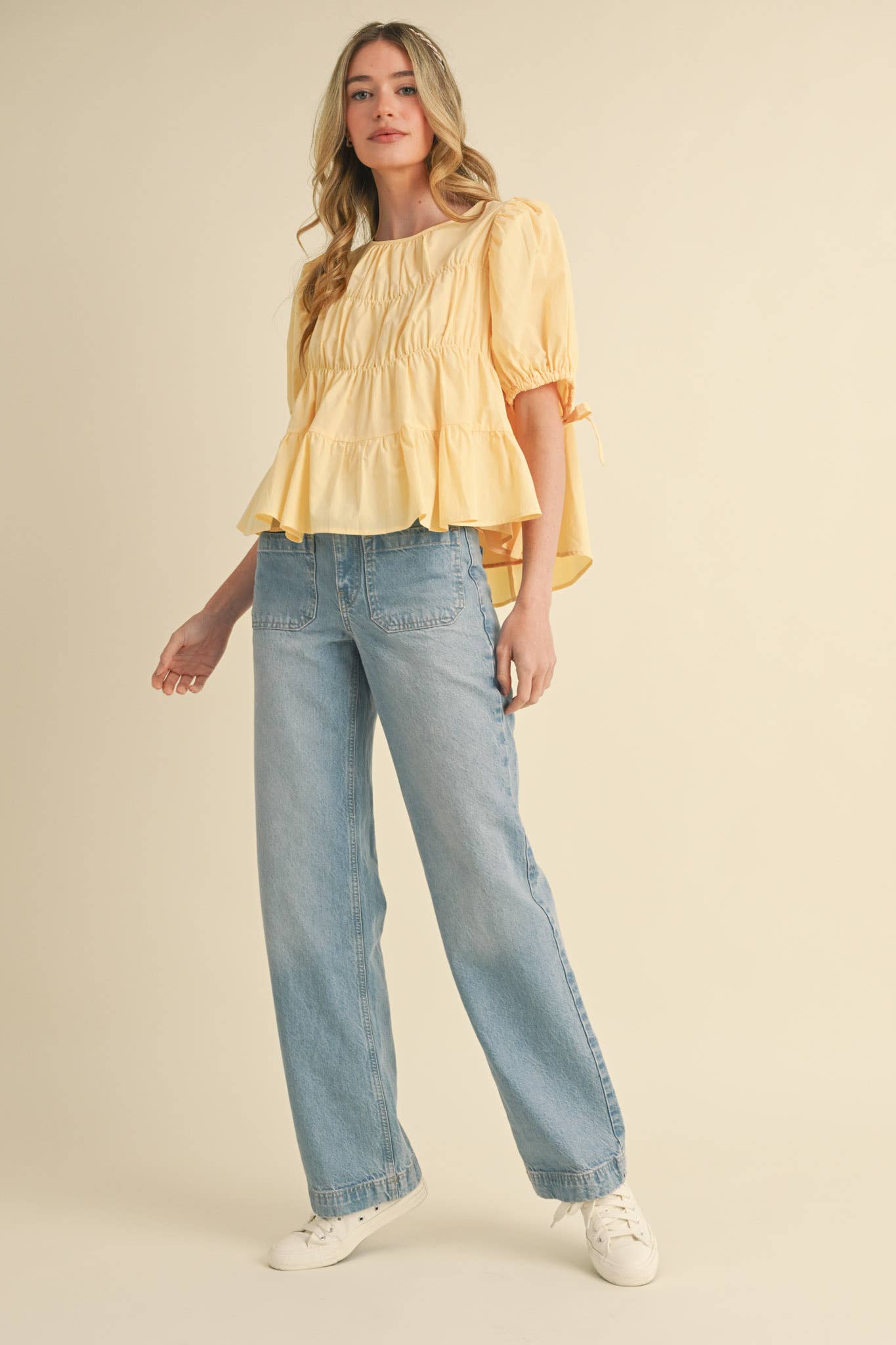 Tiered Shirring Puff Sleeve Top