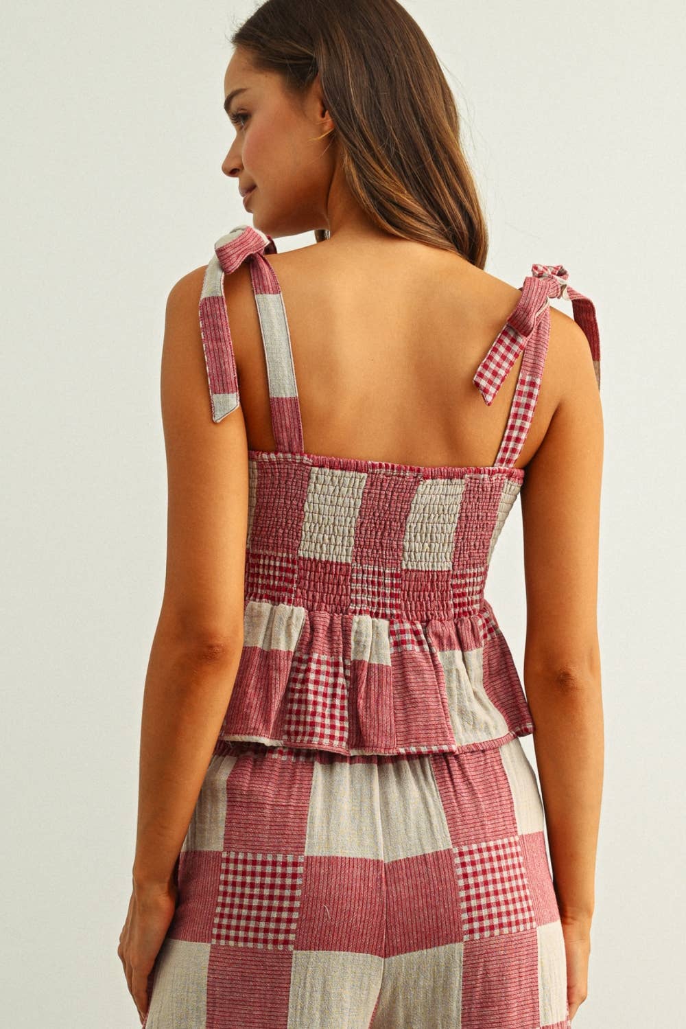 Red Gingham and Stripe Patch Effect Top