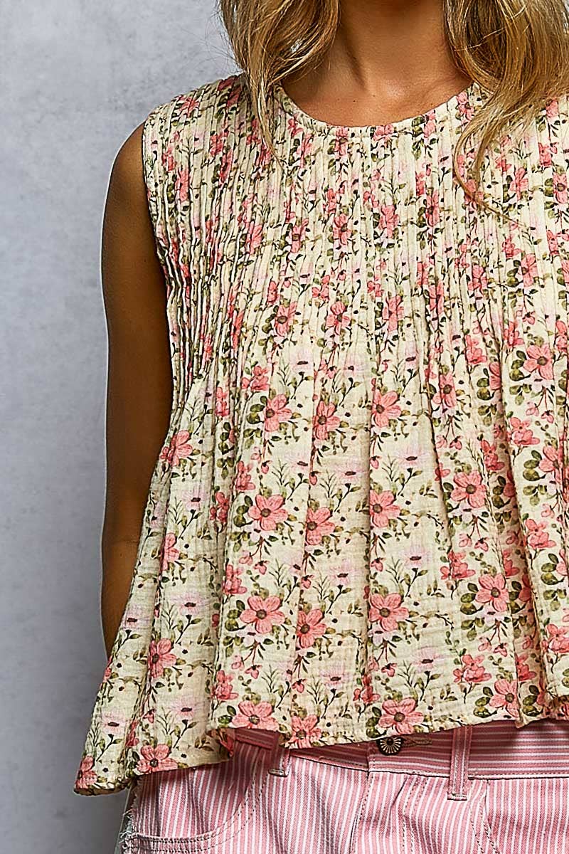 Pintuck Floral Sleeveless Top