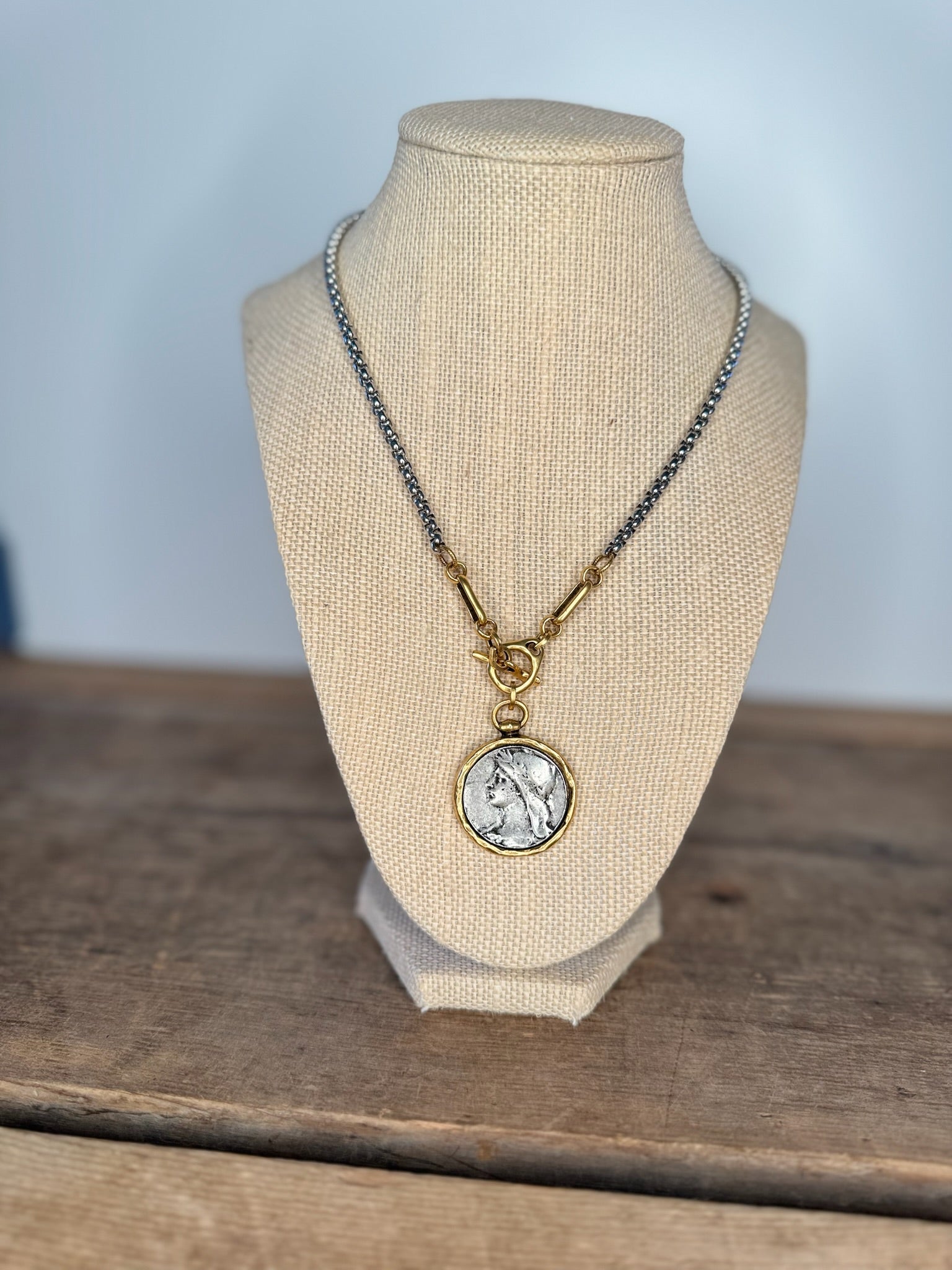 Gunmetal and Gold Coin Necklace