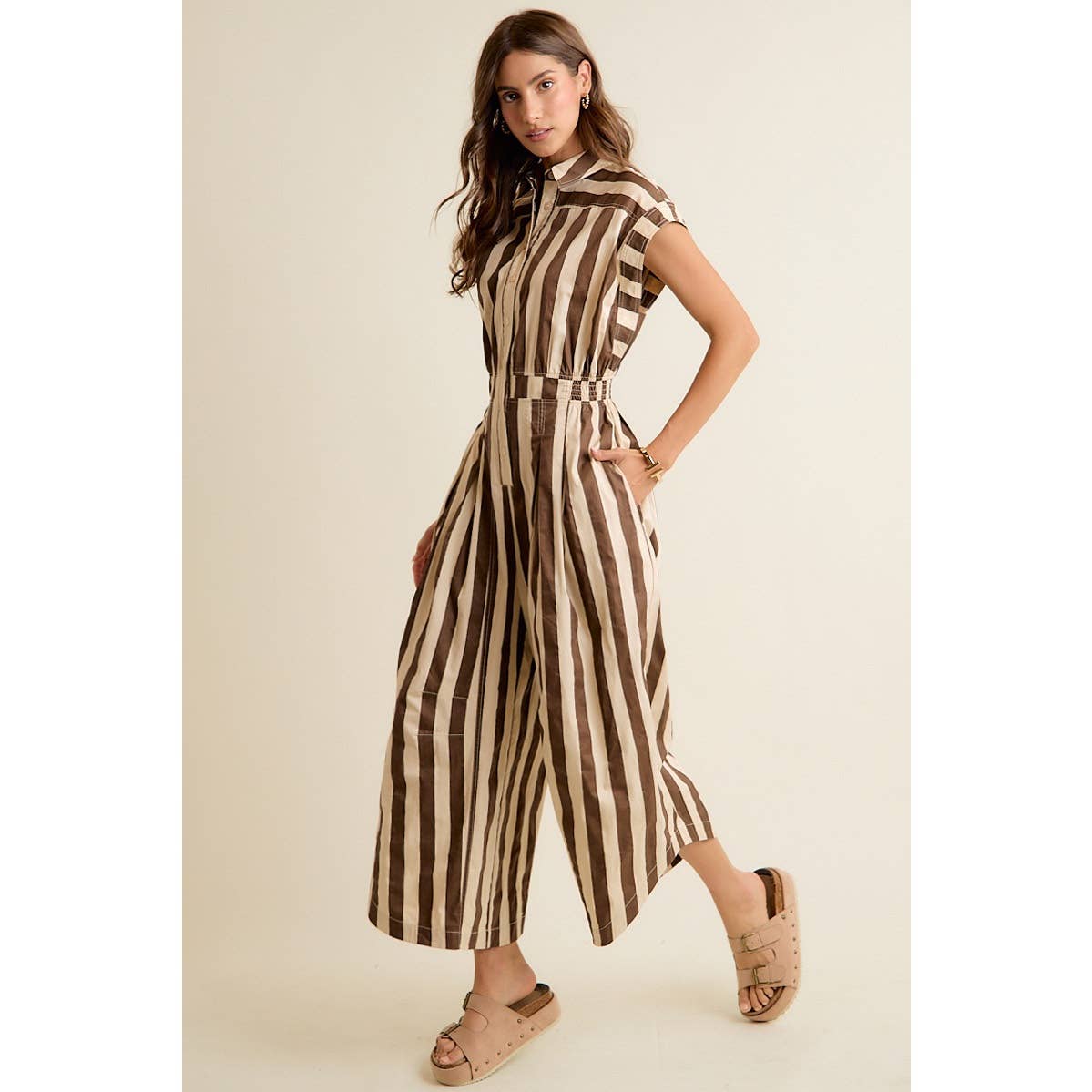 Sleeveless Brown Stripe Jumpsuit