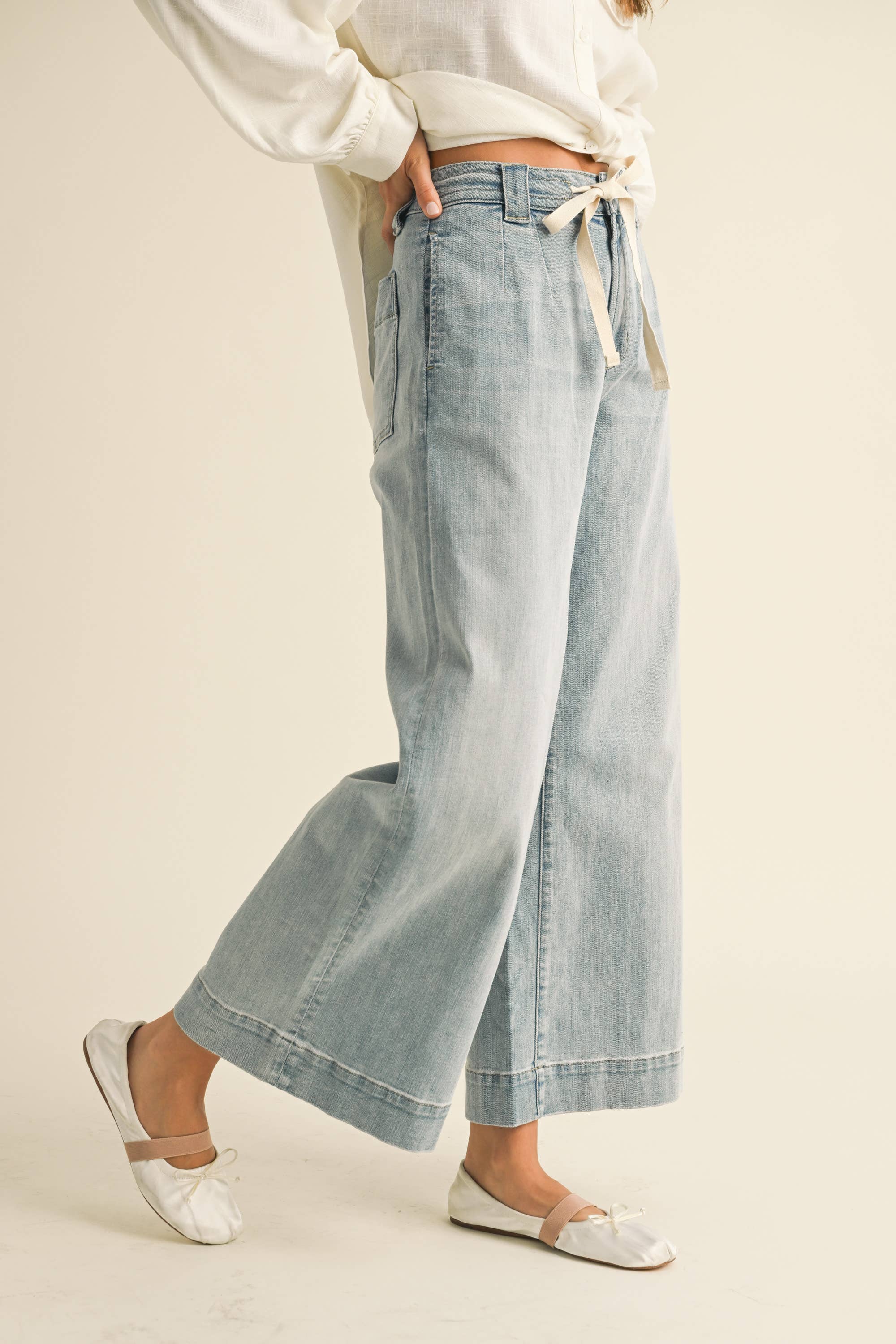 Washed Wide Leg Denim with Tie Front