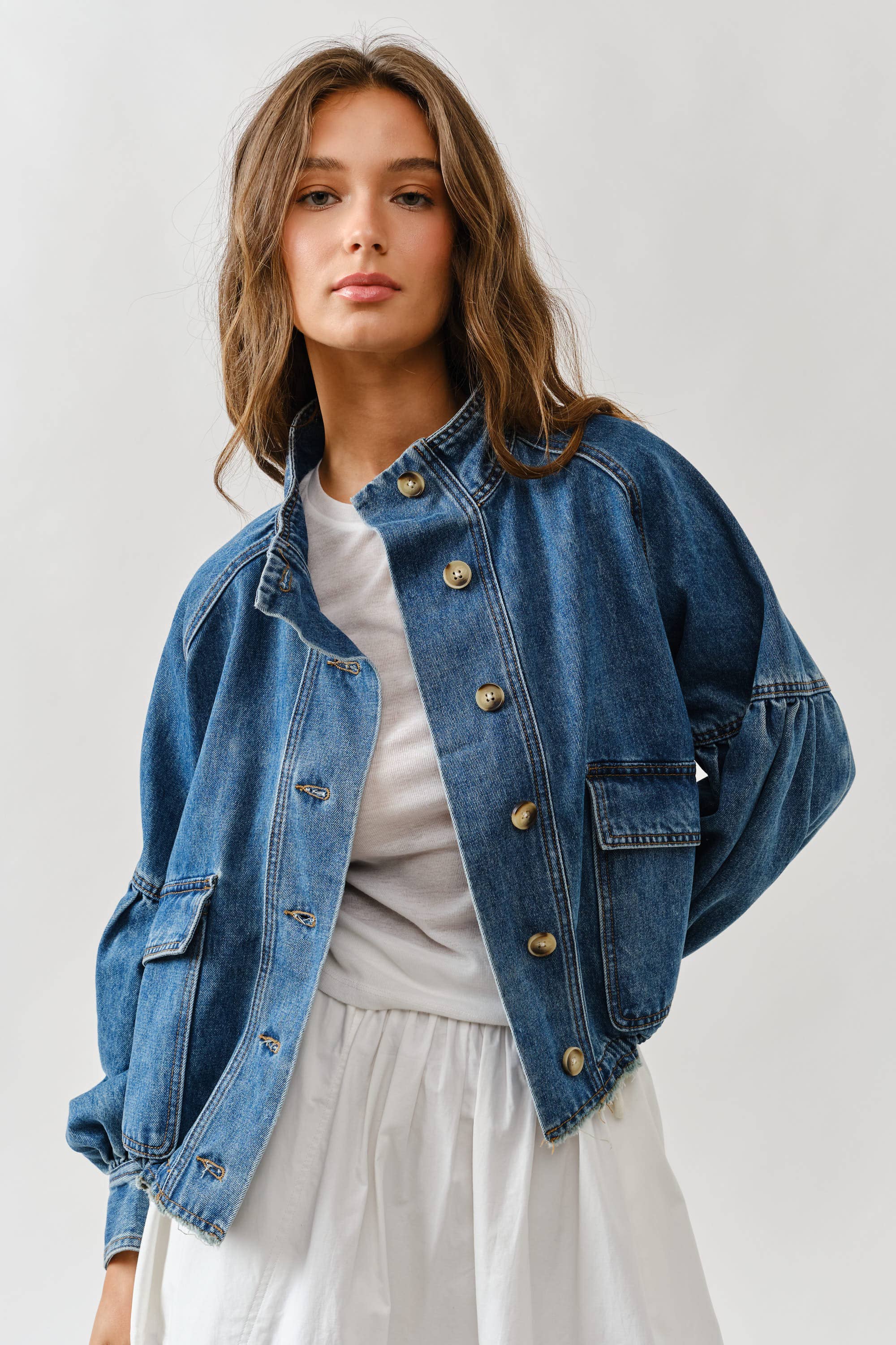 Ballon Sleeve Twill Jacket Drawstring Waist