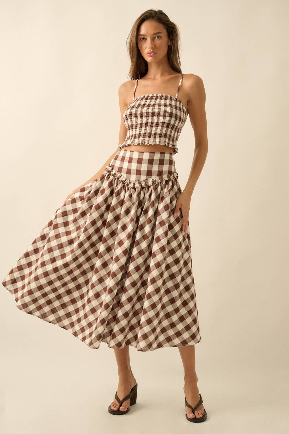 Gingham Plaid Drop-Waist Ruffle-Tim Circle Midi Skirt