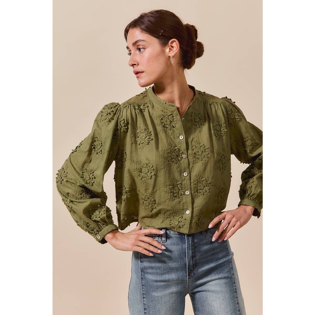 Cropped Floral Long Sleeve Button Front Shirt