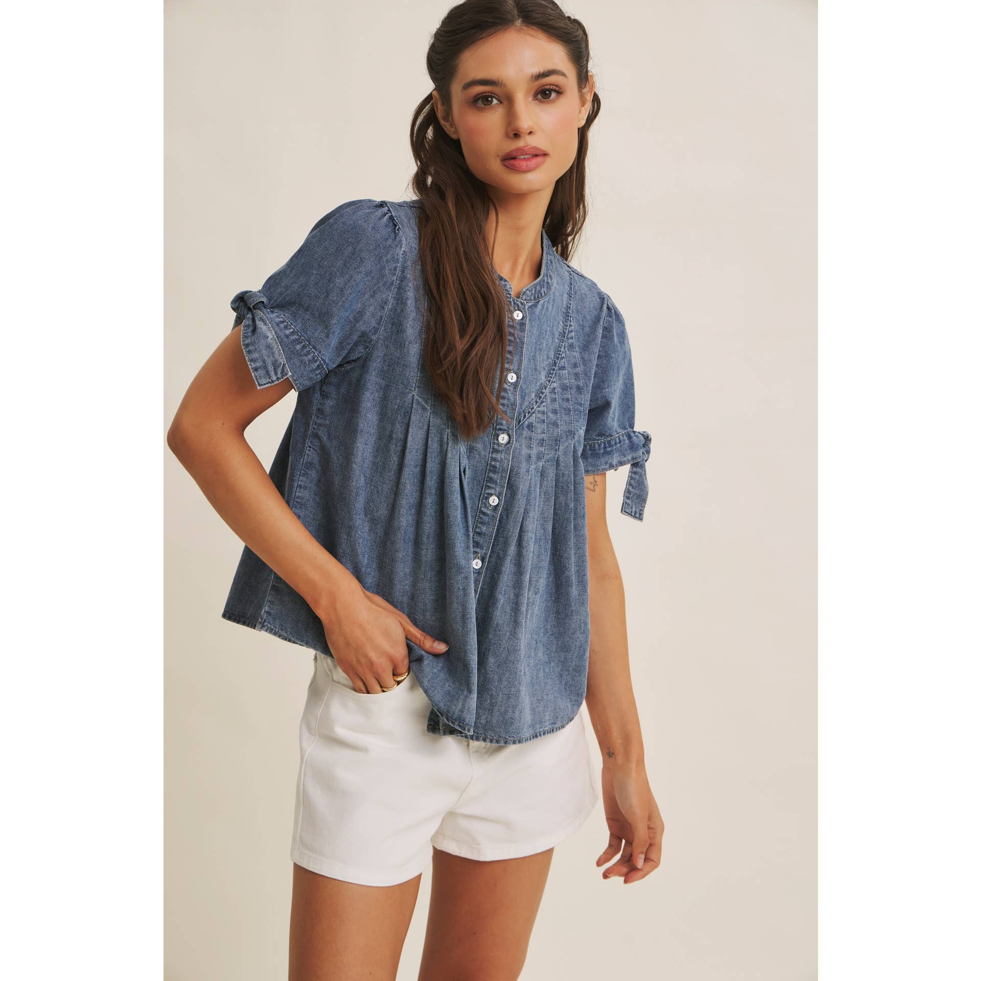 Mineral-Washed Denim Pintuck Shirt