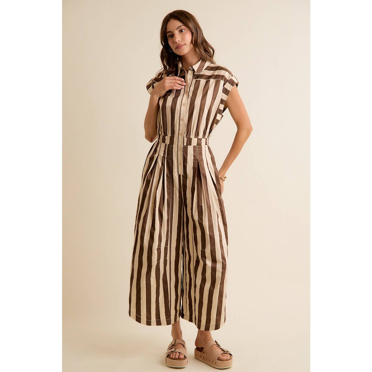 Sleeveless Brown Stripe Jumpsuit