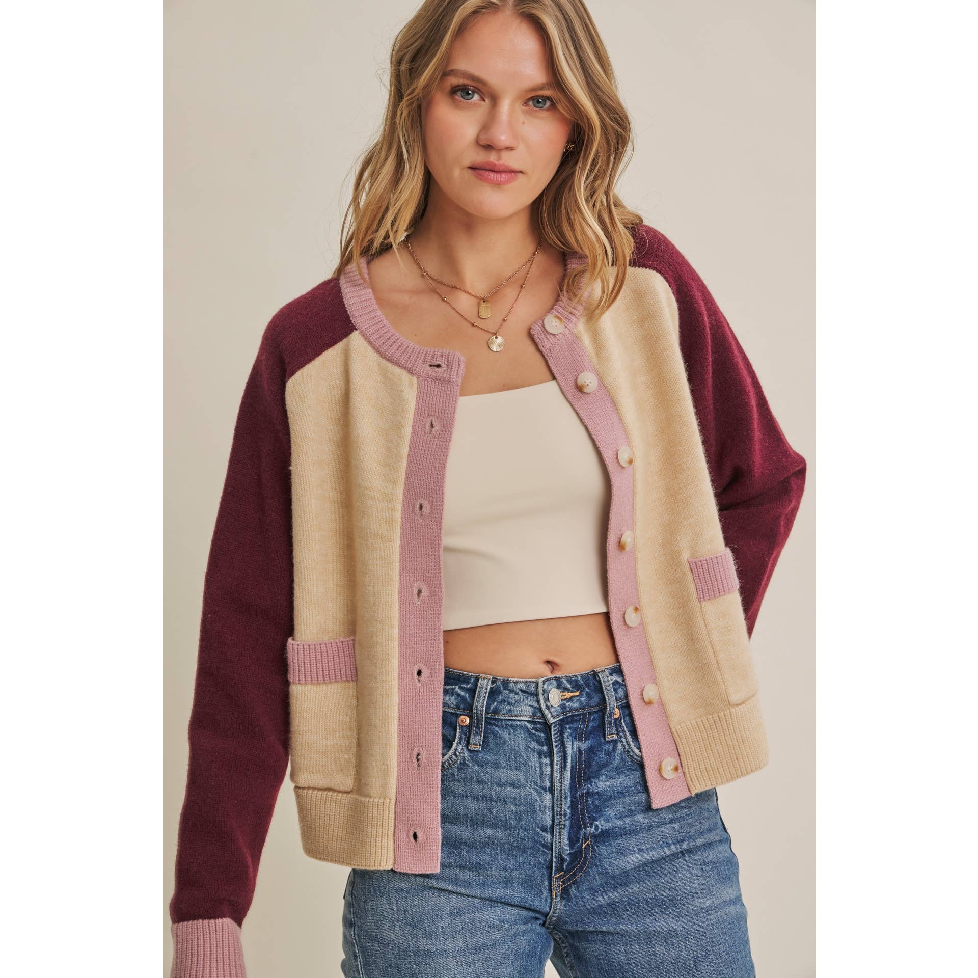 Colorblock Wool Blend Crewneck Cardigan