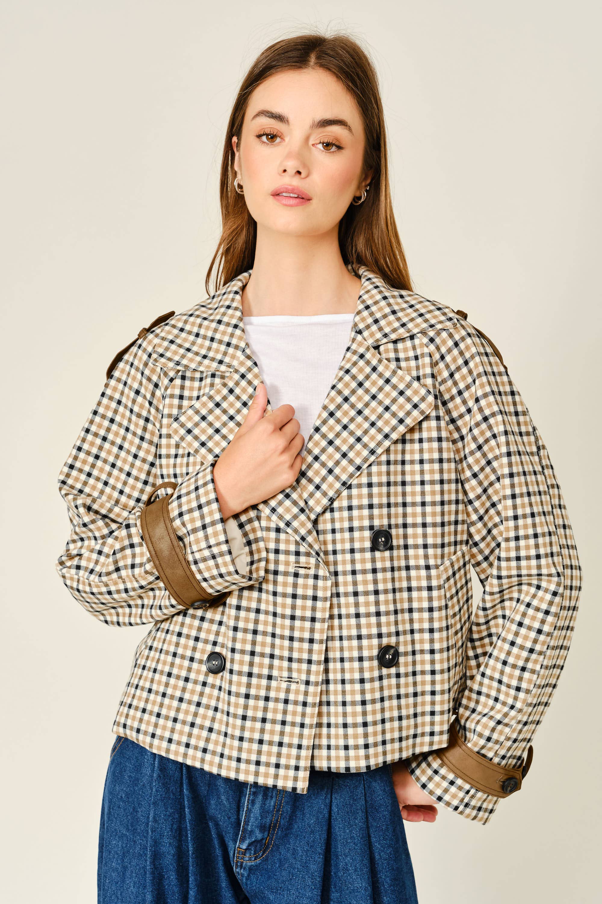 Oxford Plaid Short Trench Jacket