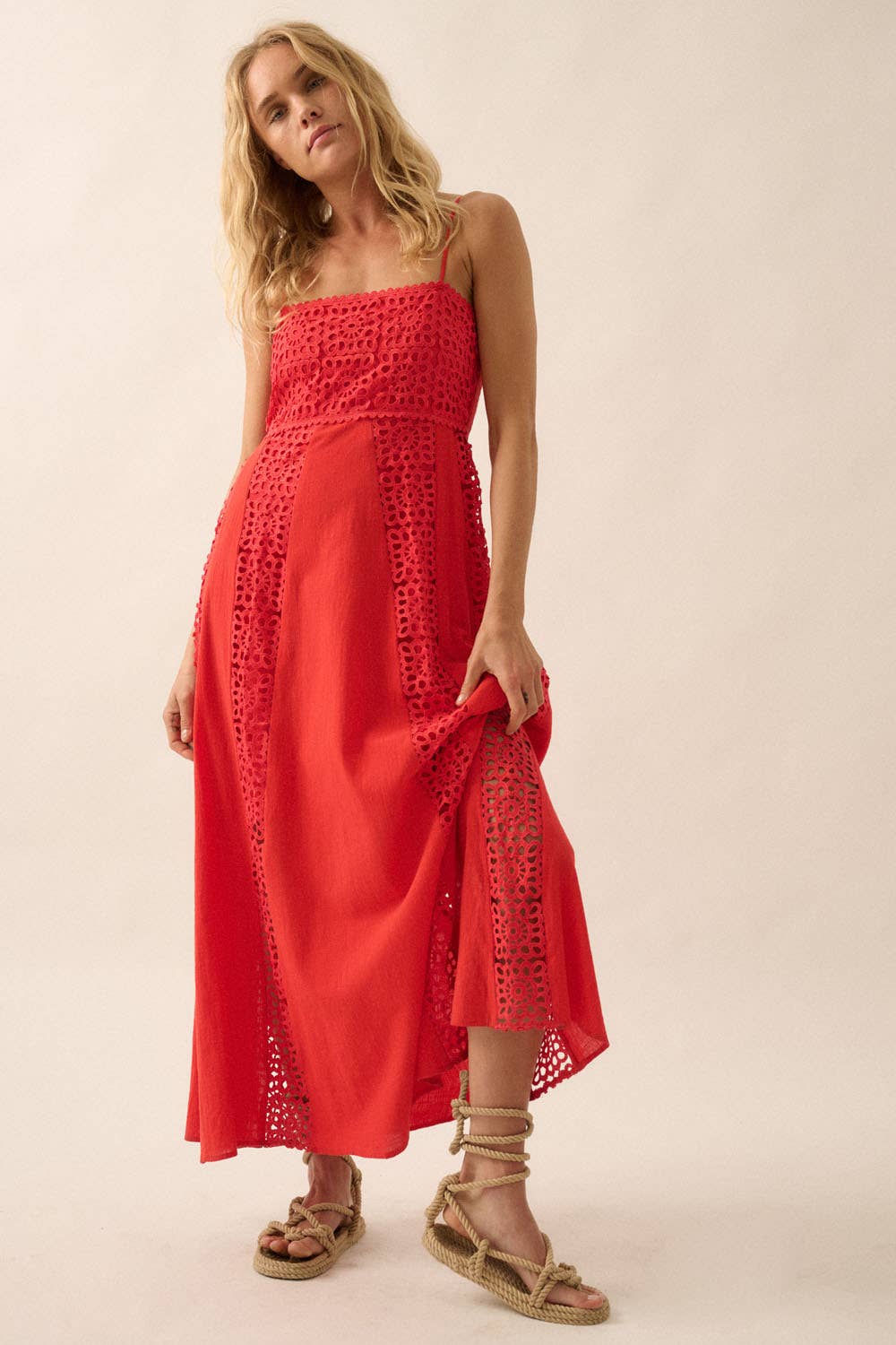 Crochet Lace Paneled Maxi Dress