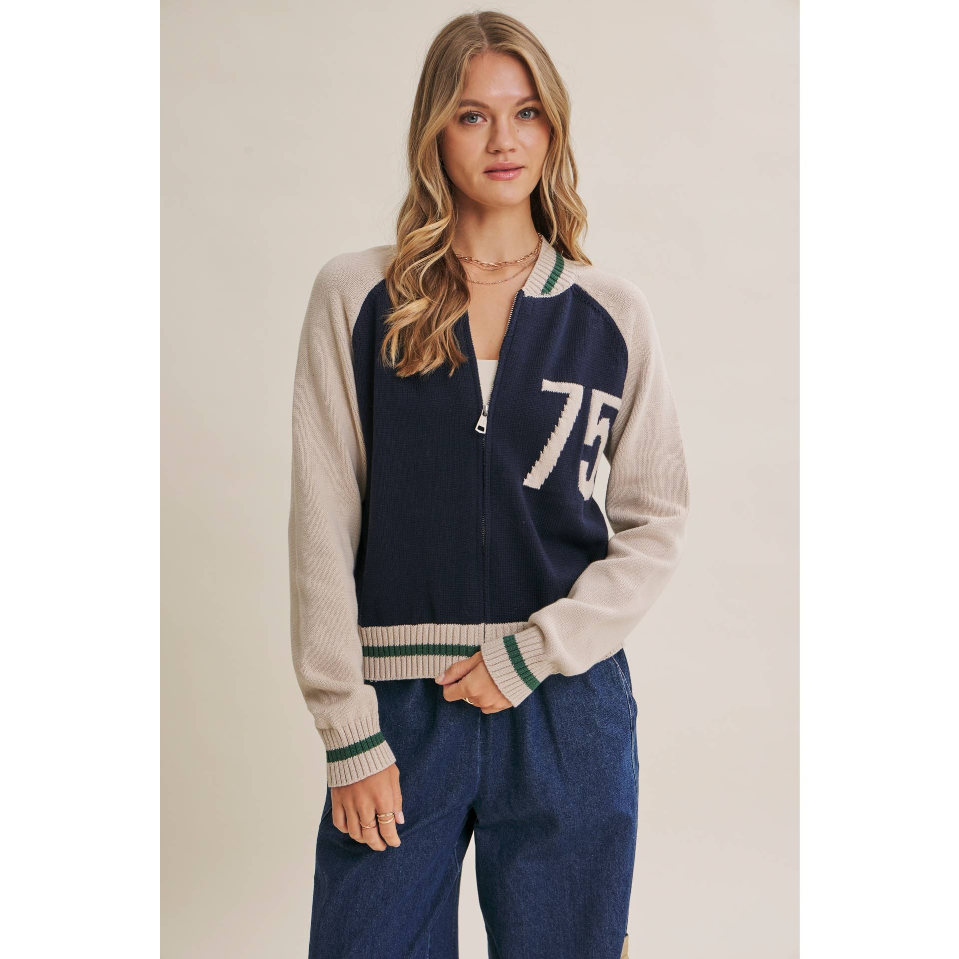 Varsity Collegiate Zip Front Cotton Sweater Bomber Jacket