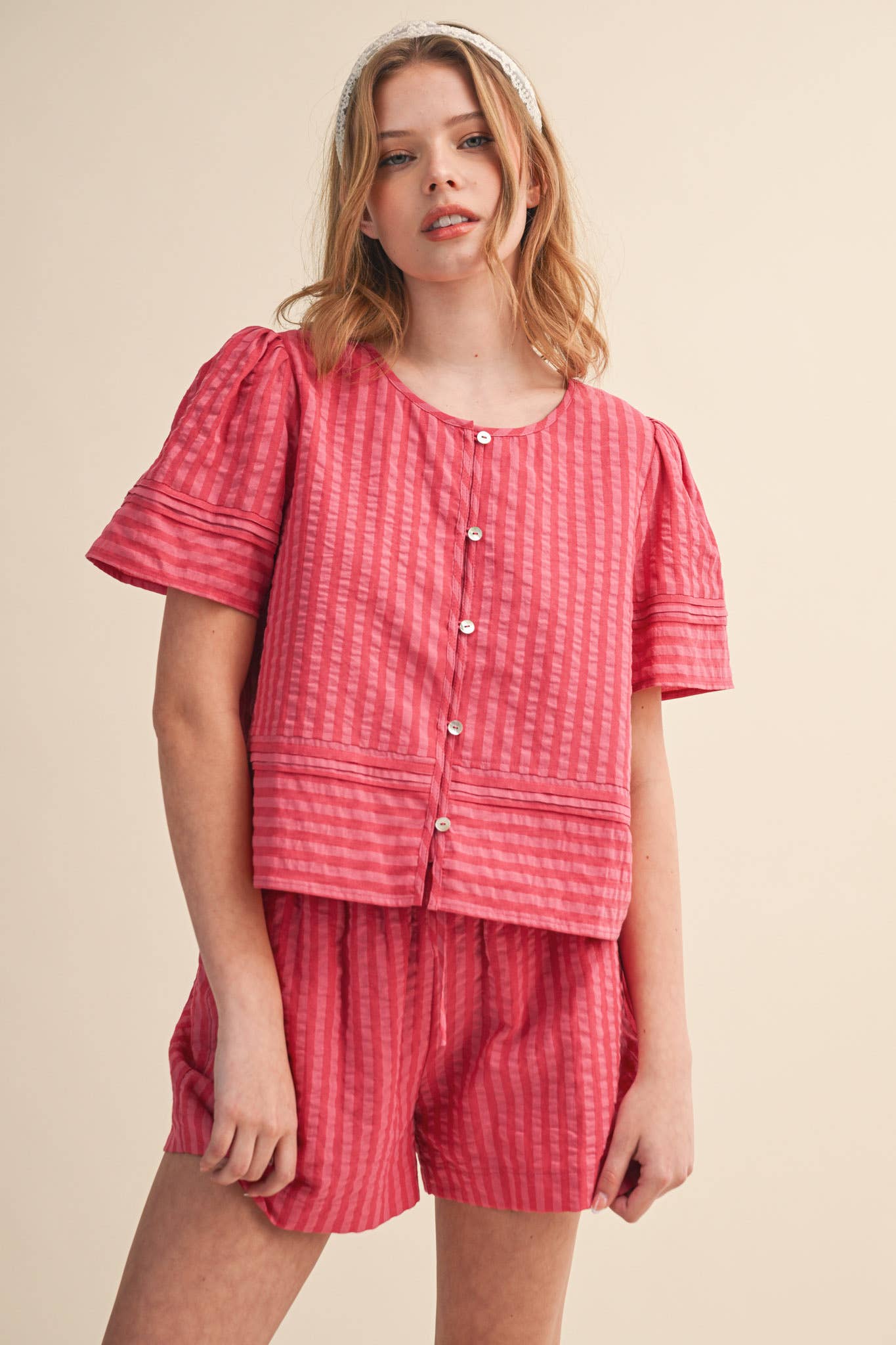 Striped Button Up Top and Shorts Set
