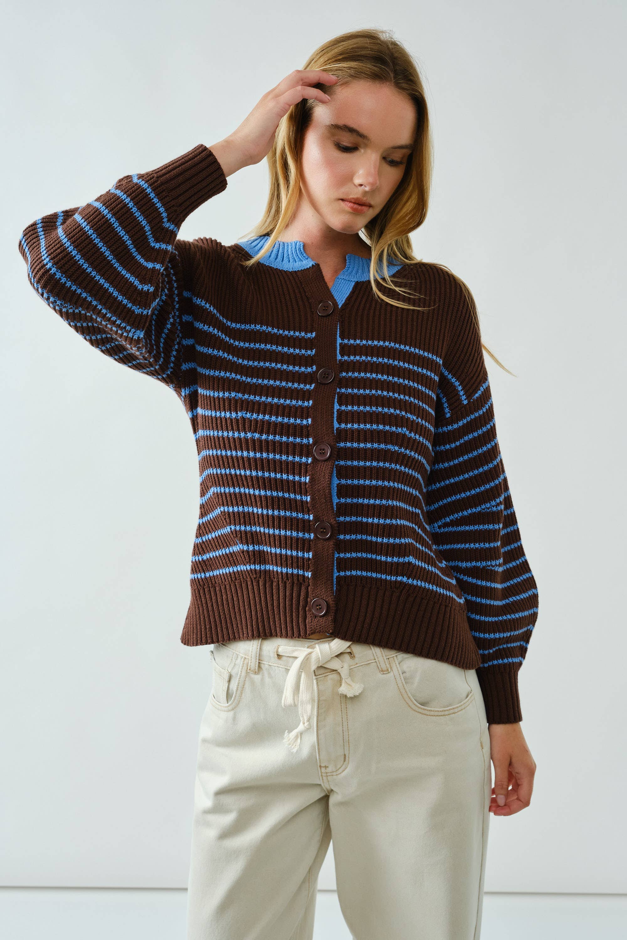 Voluminous Sleeve Stripe Cardigan