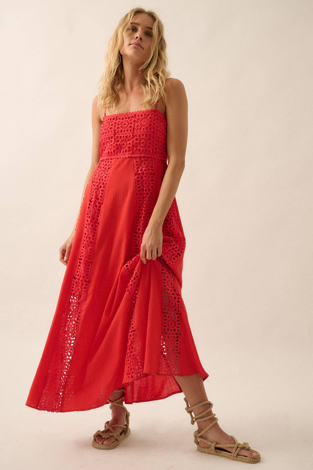 Crochet Lace Paneled Maxi Dress