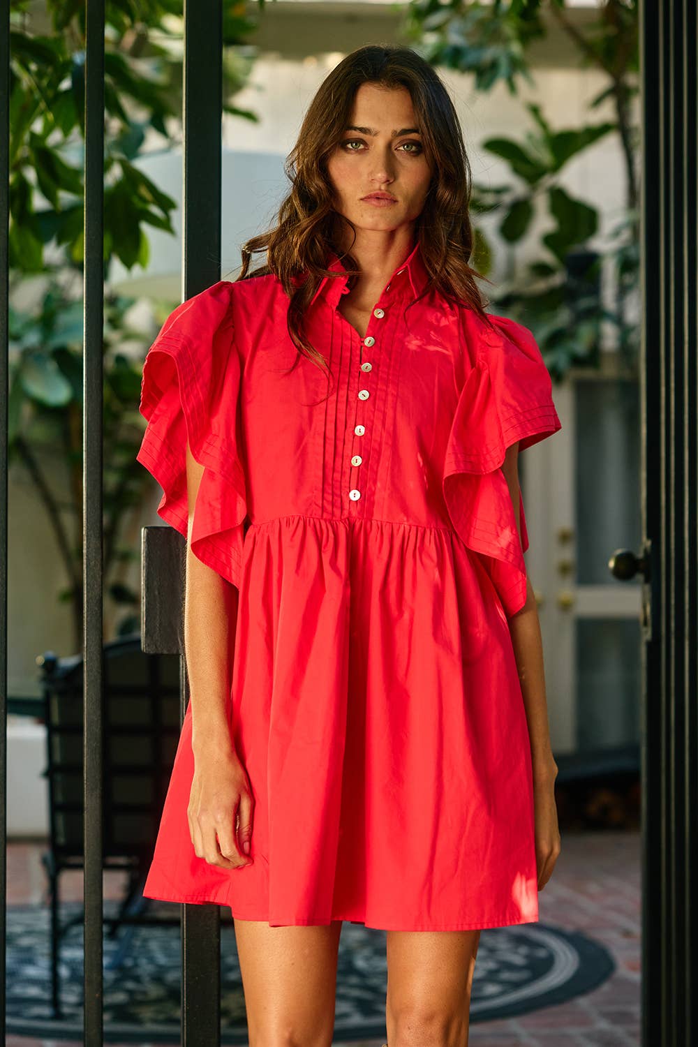 Ruffled Sleeve Pintuck Mini Dress
