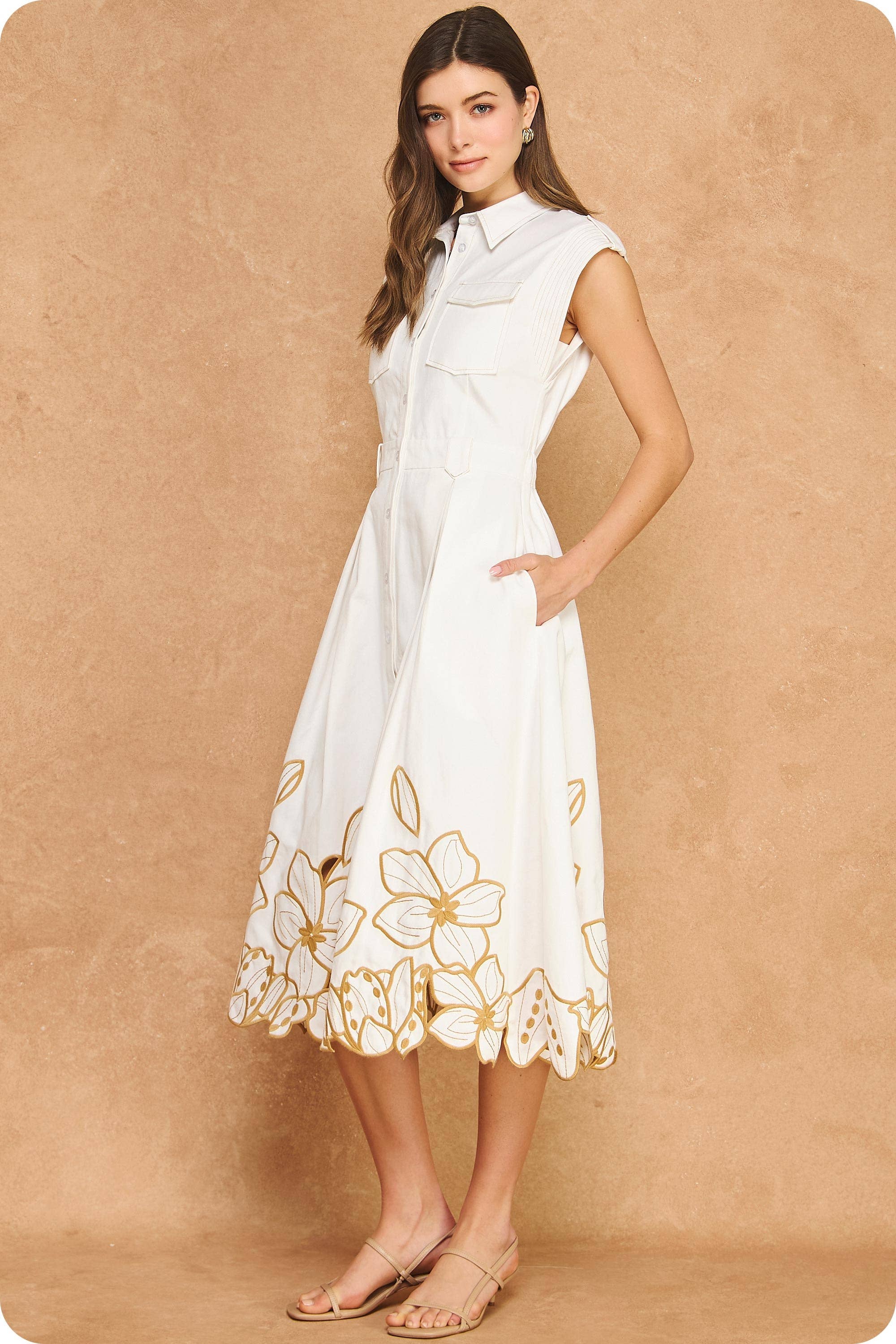 Floral Cut-Out Embroidery Twill Midi Shirt Dress