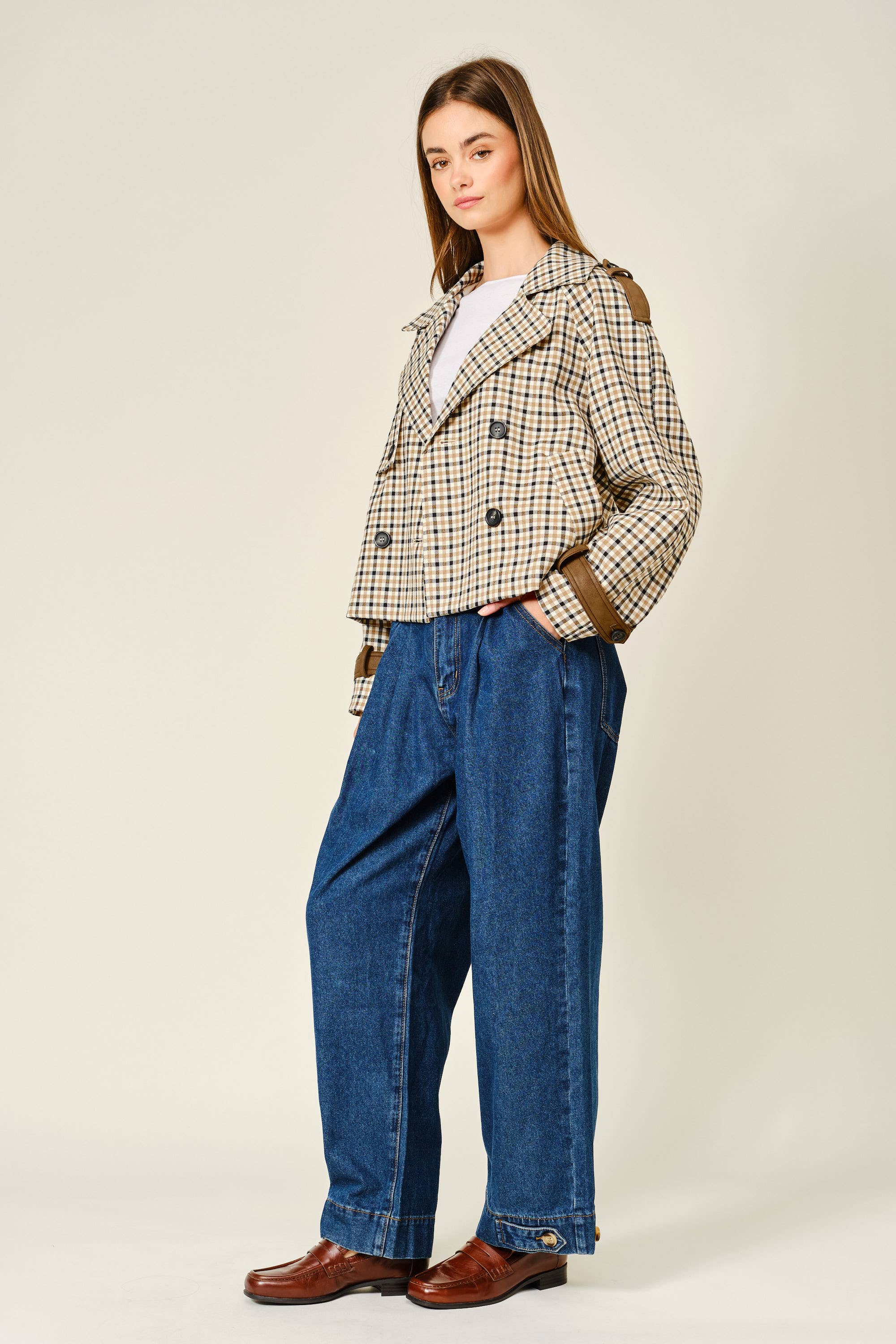 Oxford Plaid Short Trench Jacket