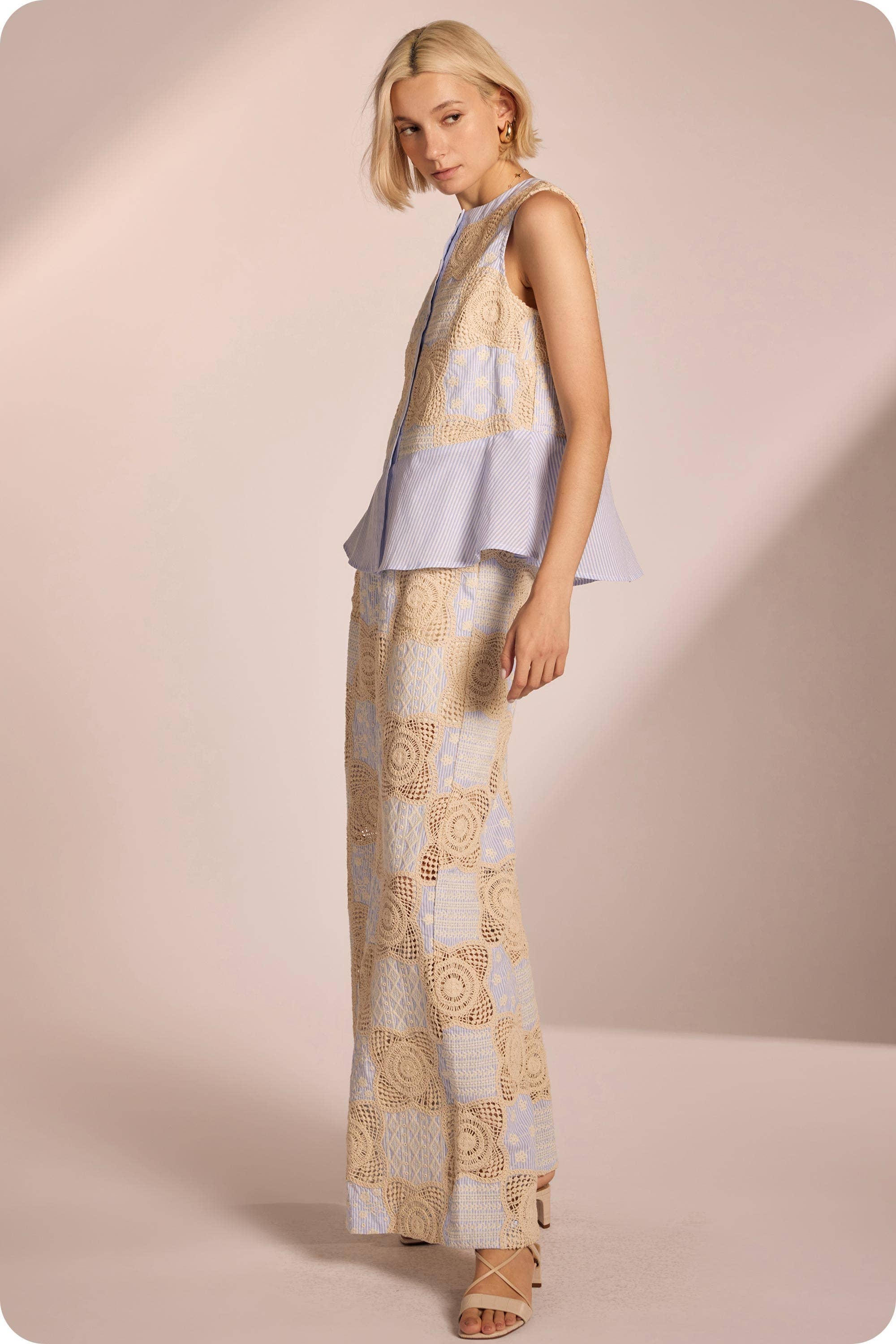 Crochet Striped Pleated Detail Wide-Leg Pants