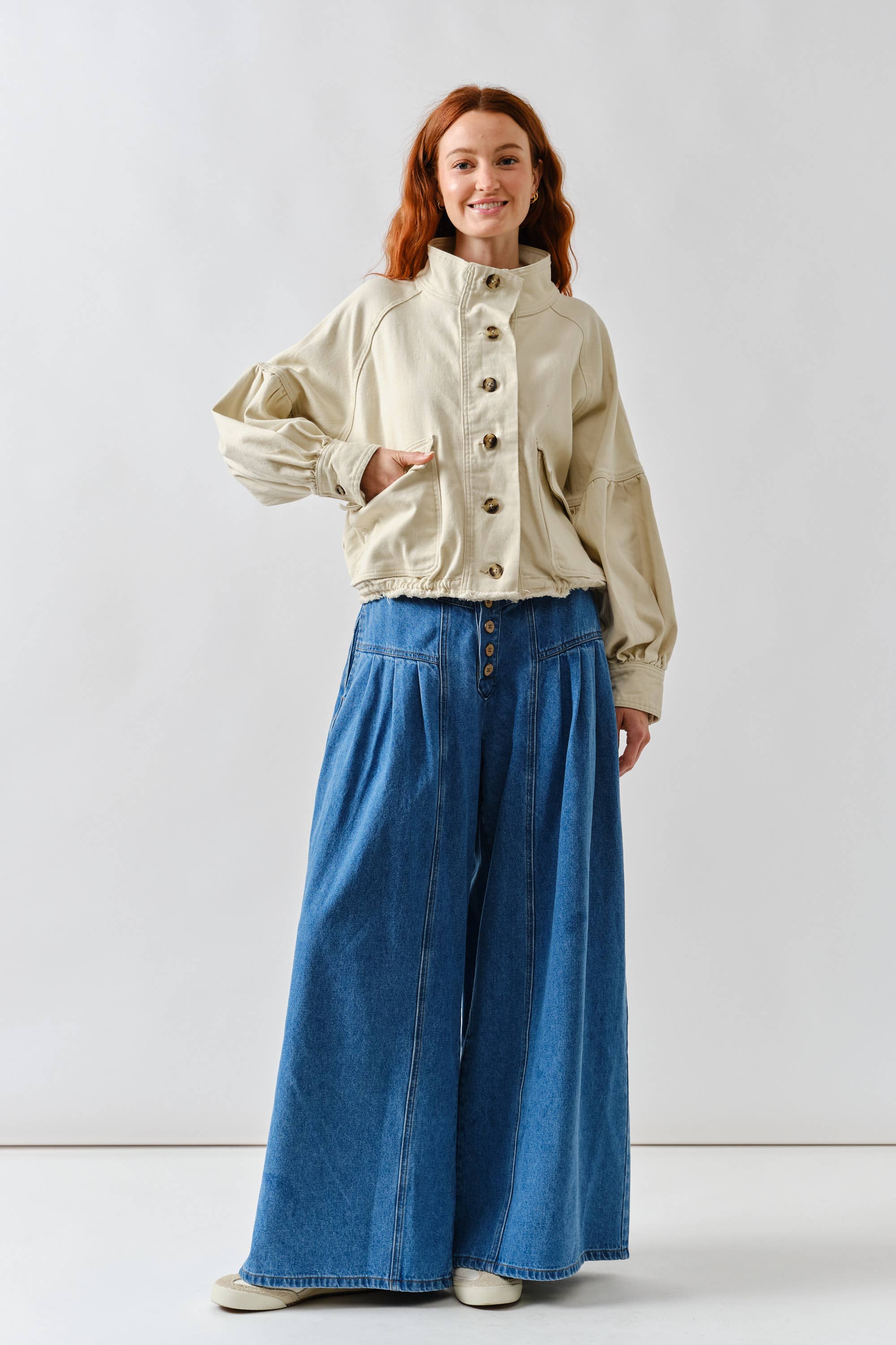 Ballon Sleeve Twill Jacket Drawstring Waist