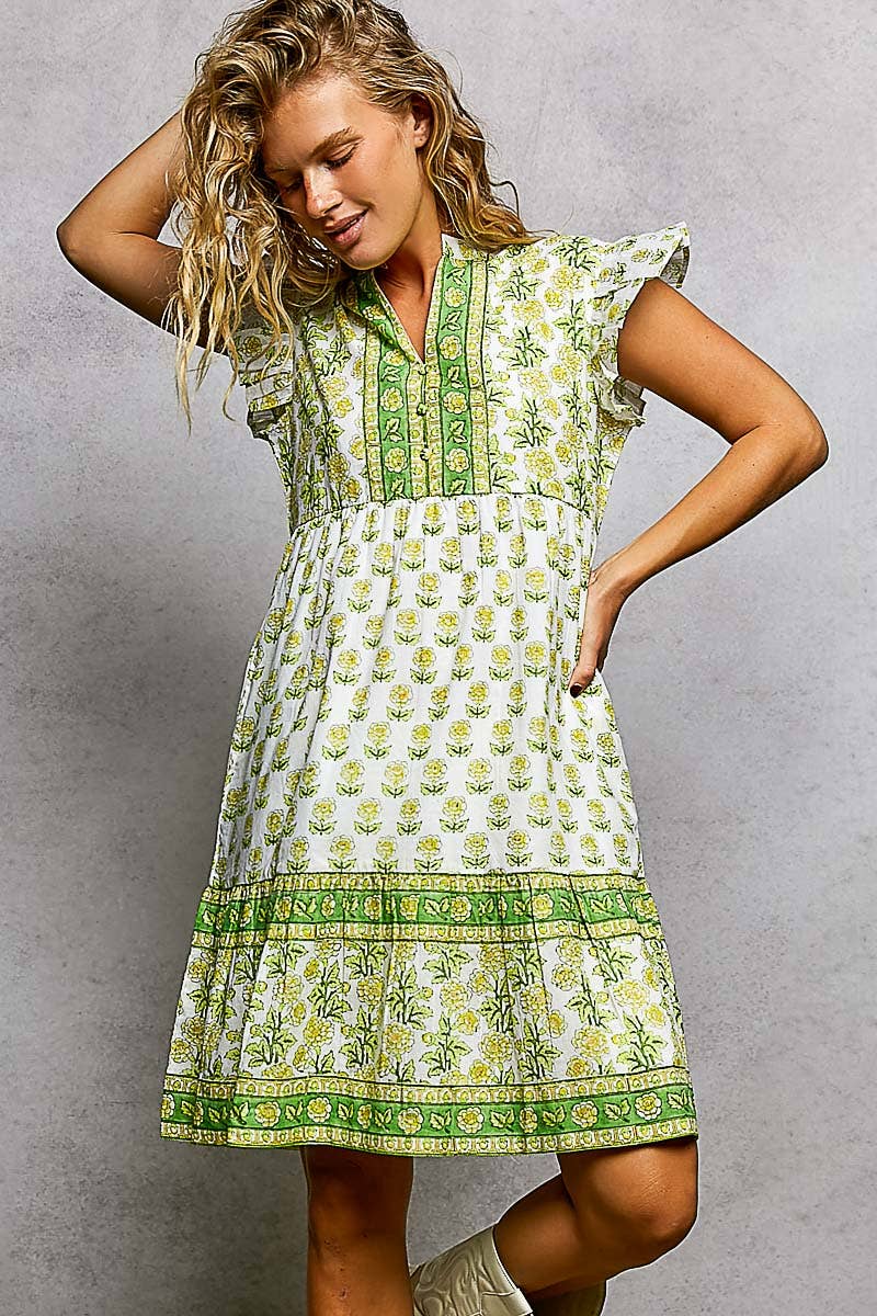 Block Print Print Ruffle Sleeve Midi Dress
