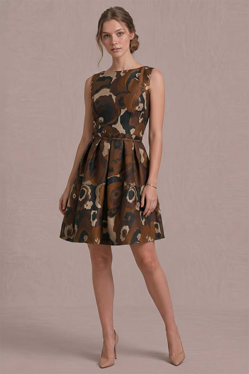Boat Neck Brown Patterned Mini Dress