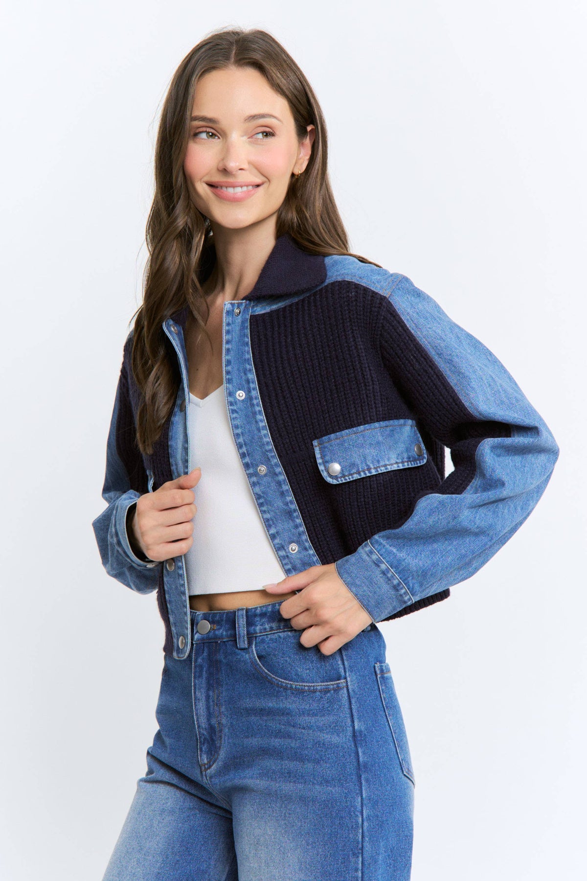 Denim and Knit Panel Jacket