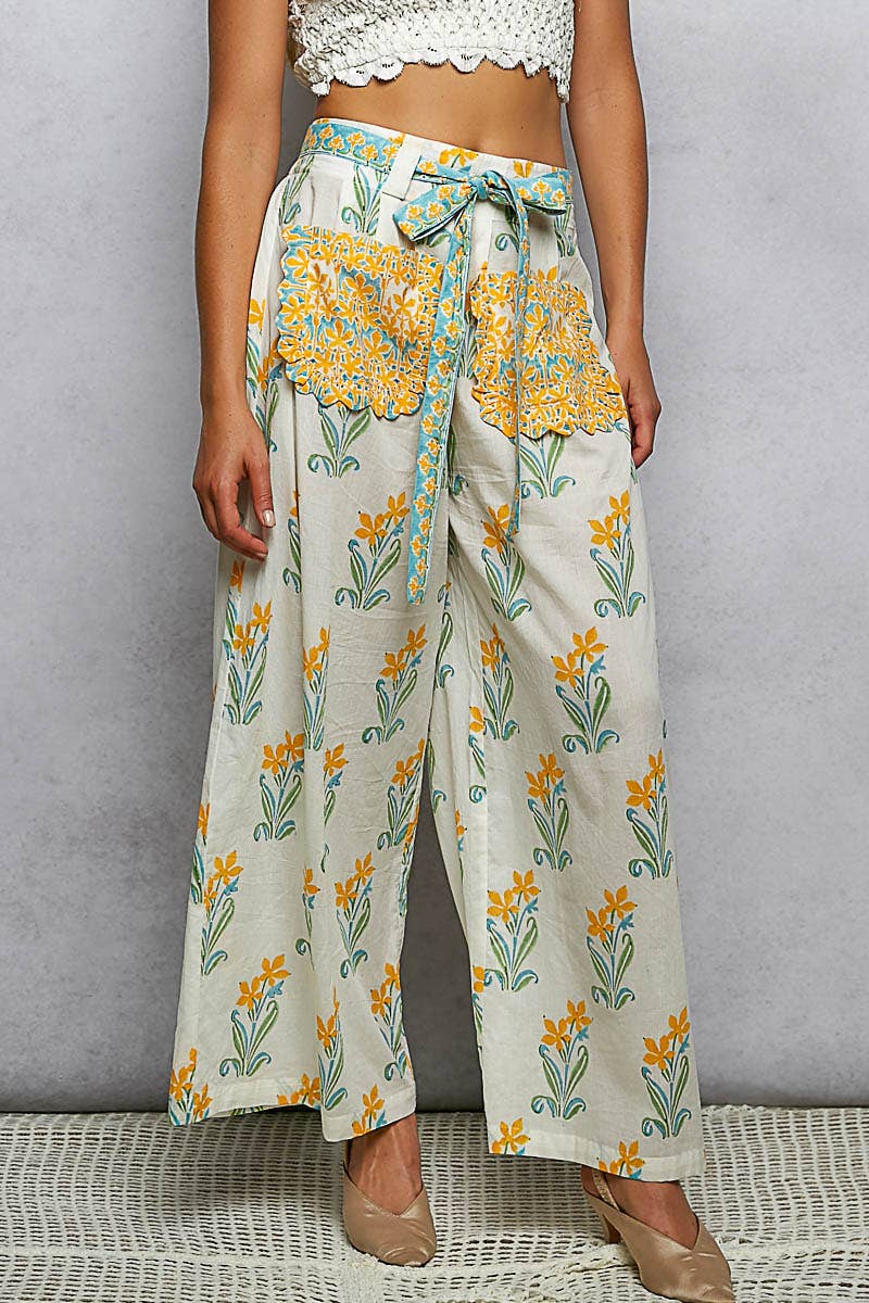 Block Print Belted Wide Pants