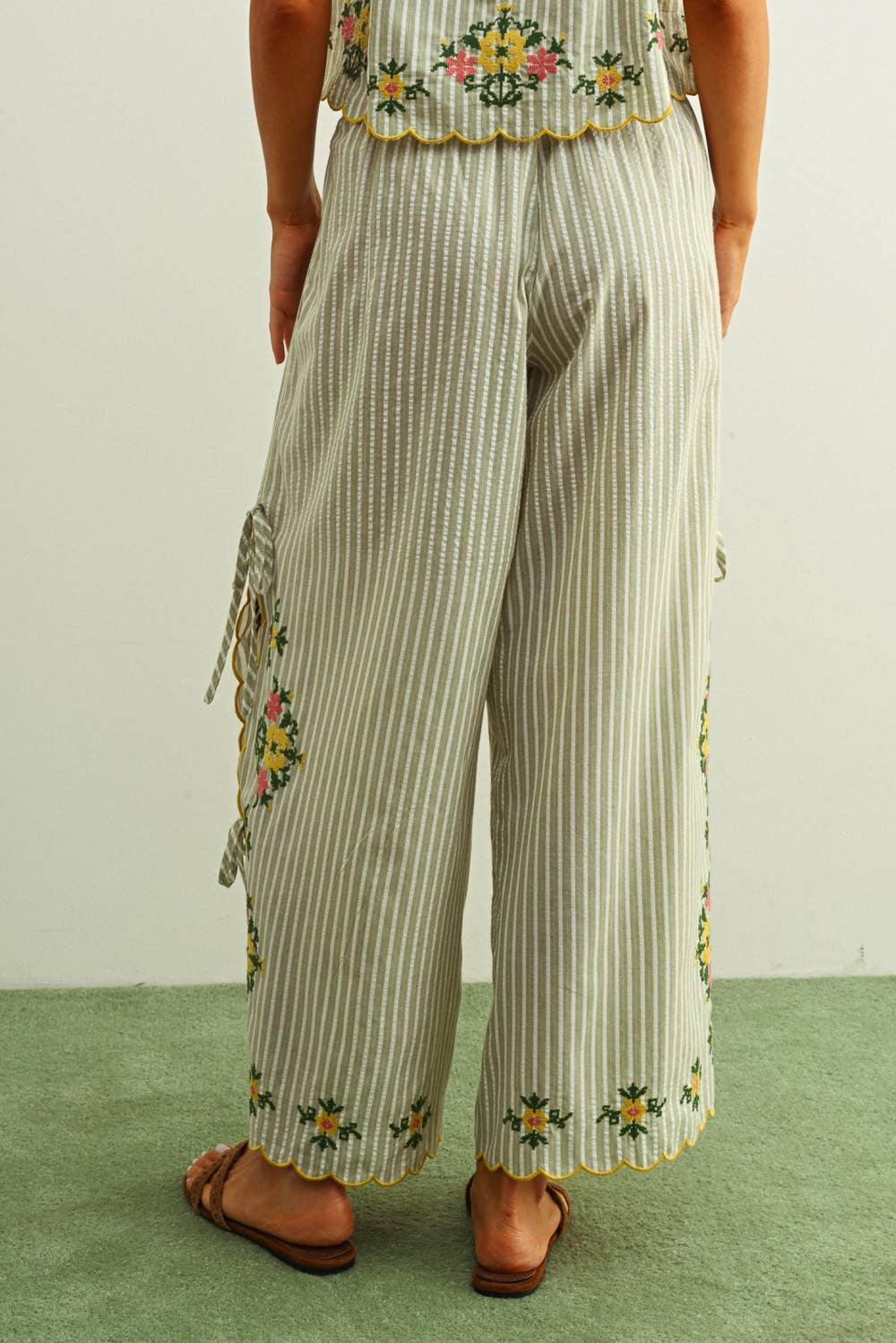 Green Stripe and Floral Embroidery Pants with Tie