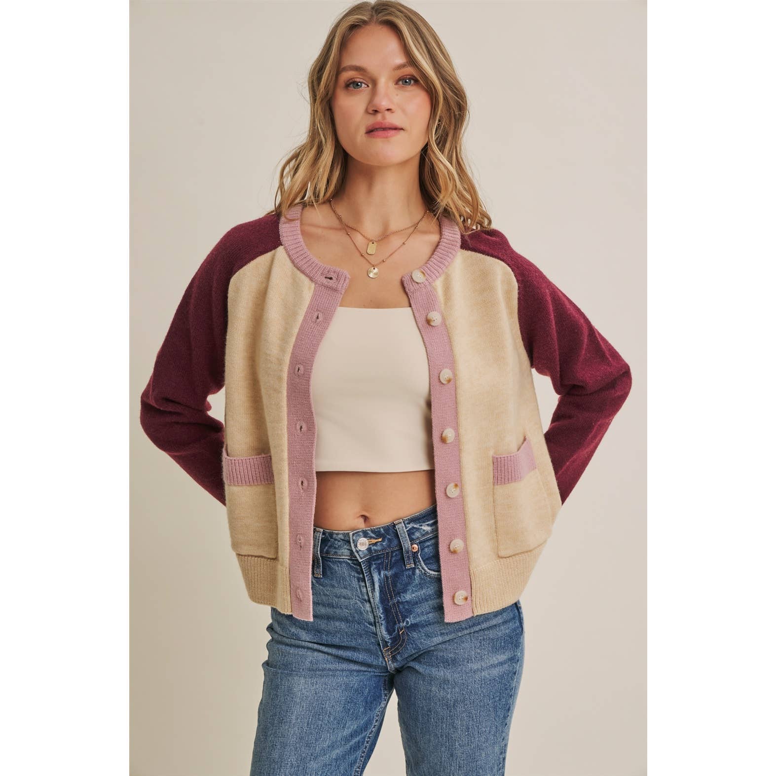 Colorblock Wool Blend Crewneck Cardigan