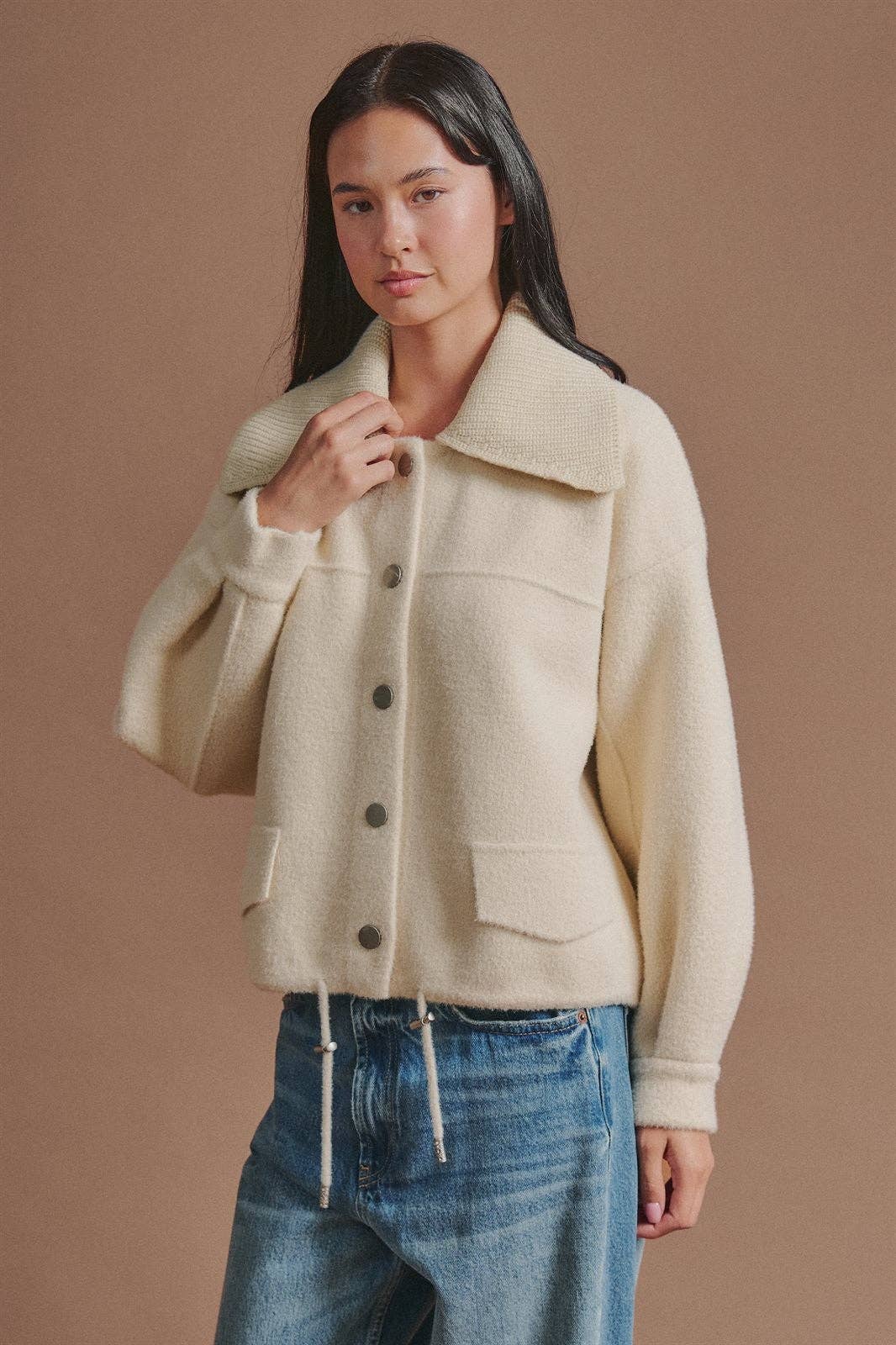 Sweater Knit Jacket with Detachable Collar