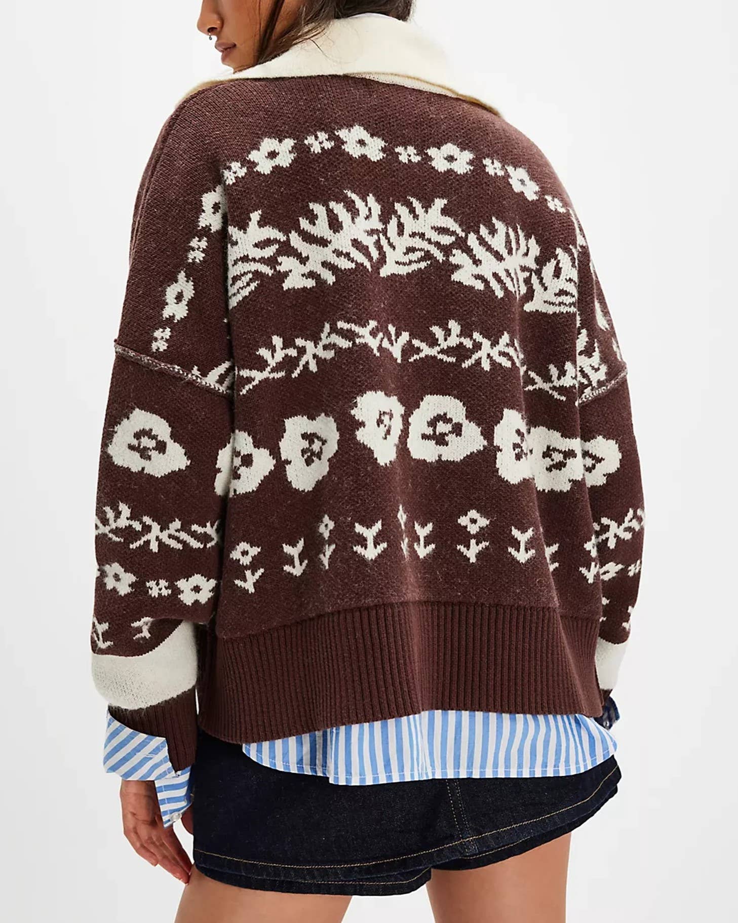 Floral Jacquard Contrast Trim Cardigan