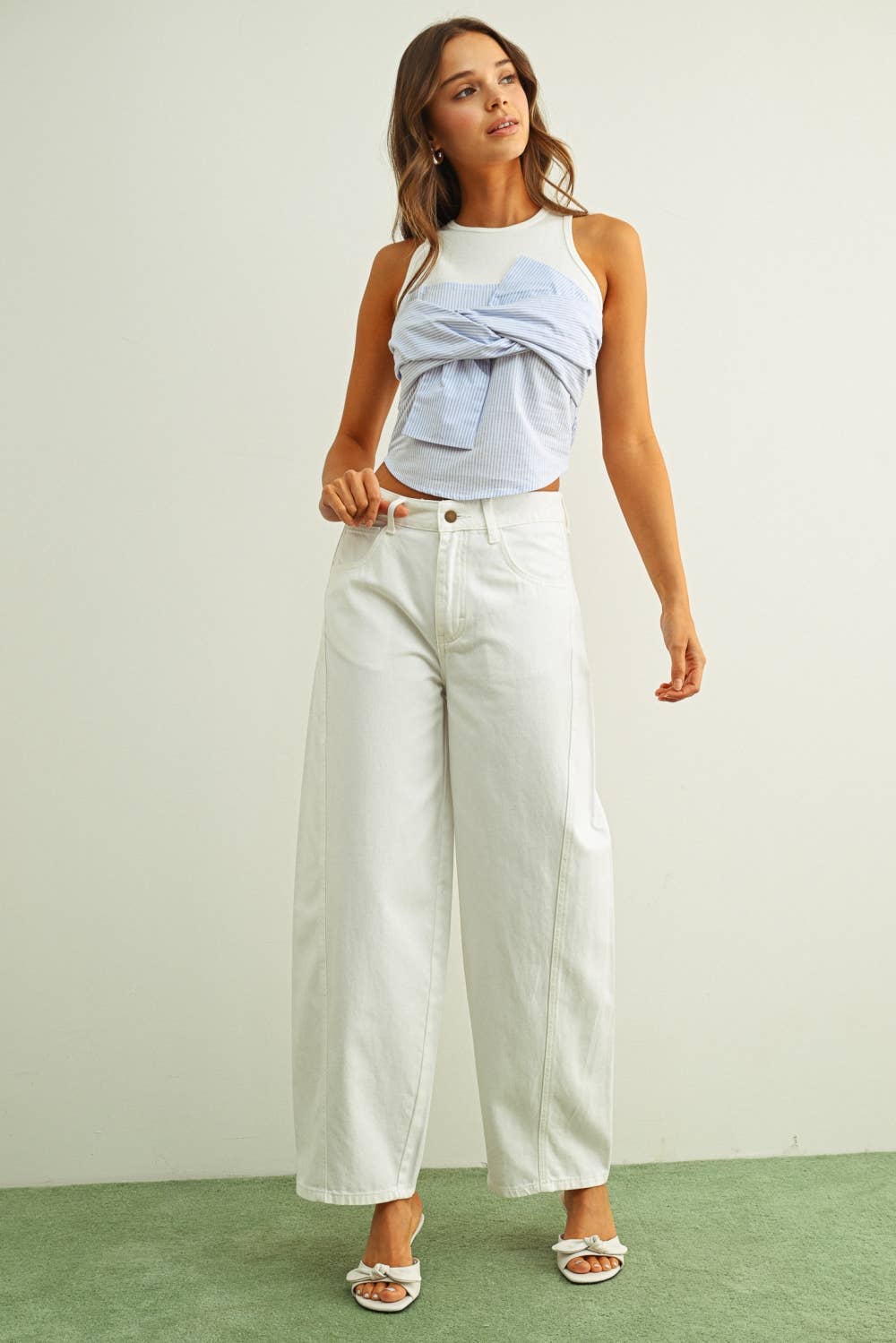 Stripe Fabric Combo Sleeveless Ribbed Top