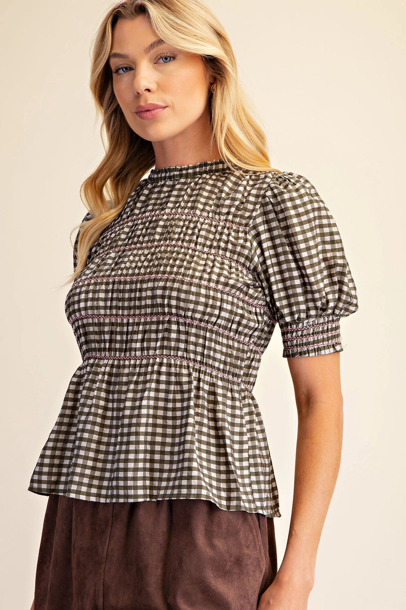 Plaid Smocked Short Sleeve Shirt