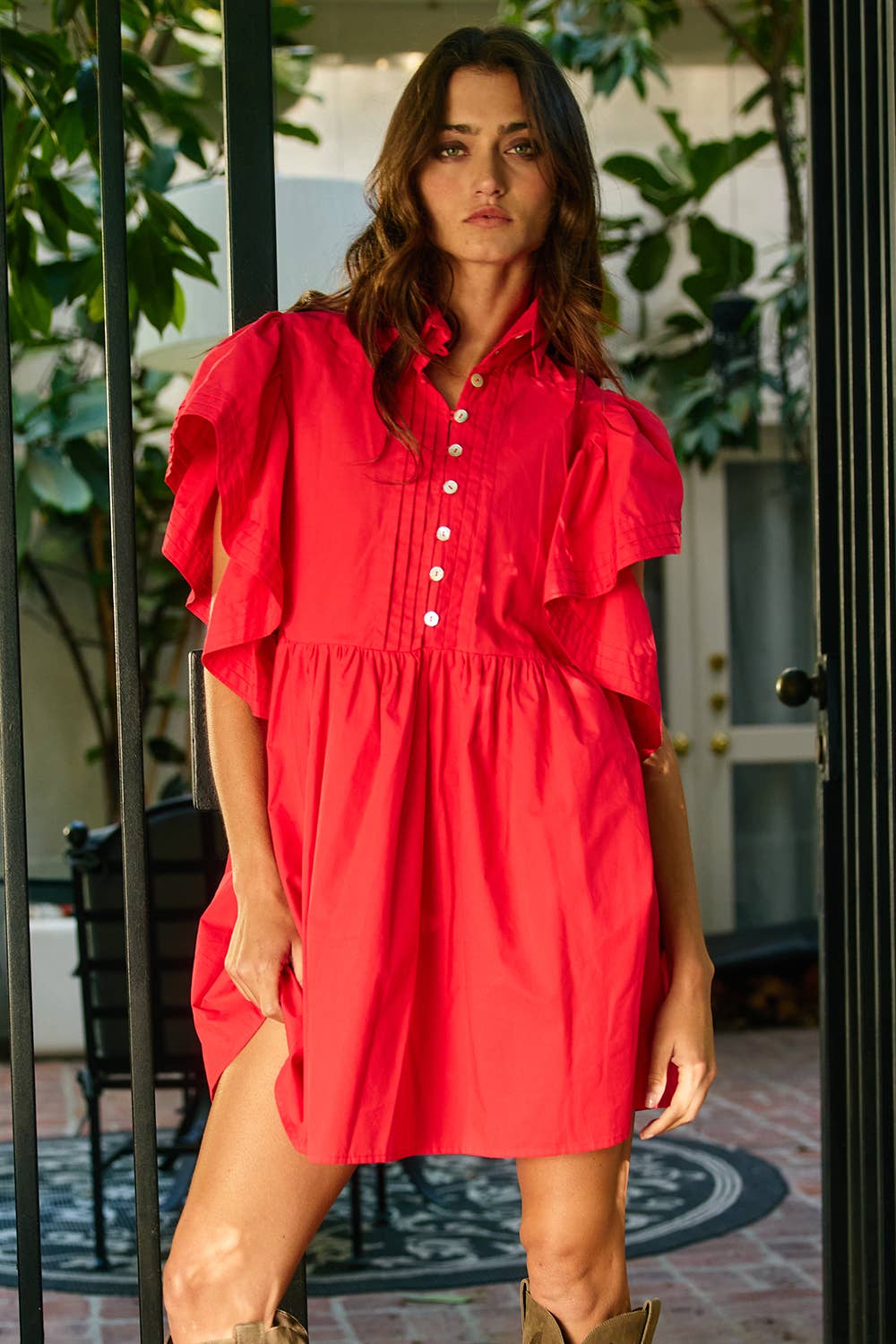 Ruffled Sleeve Pintuck Mini Dress
