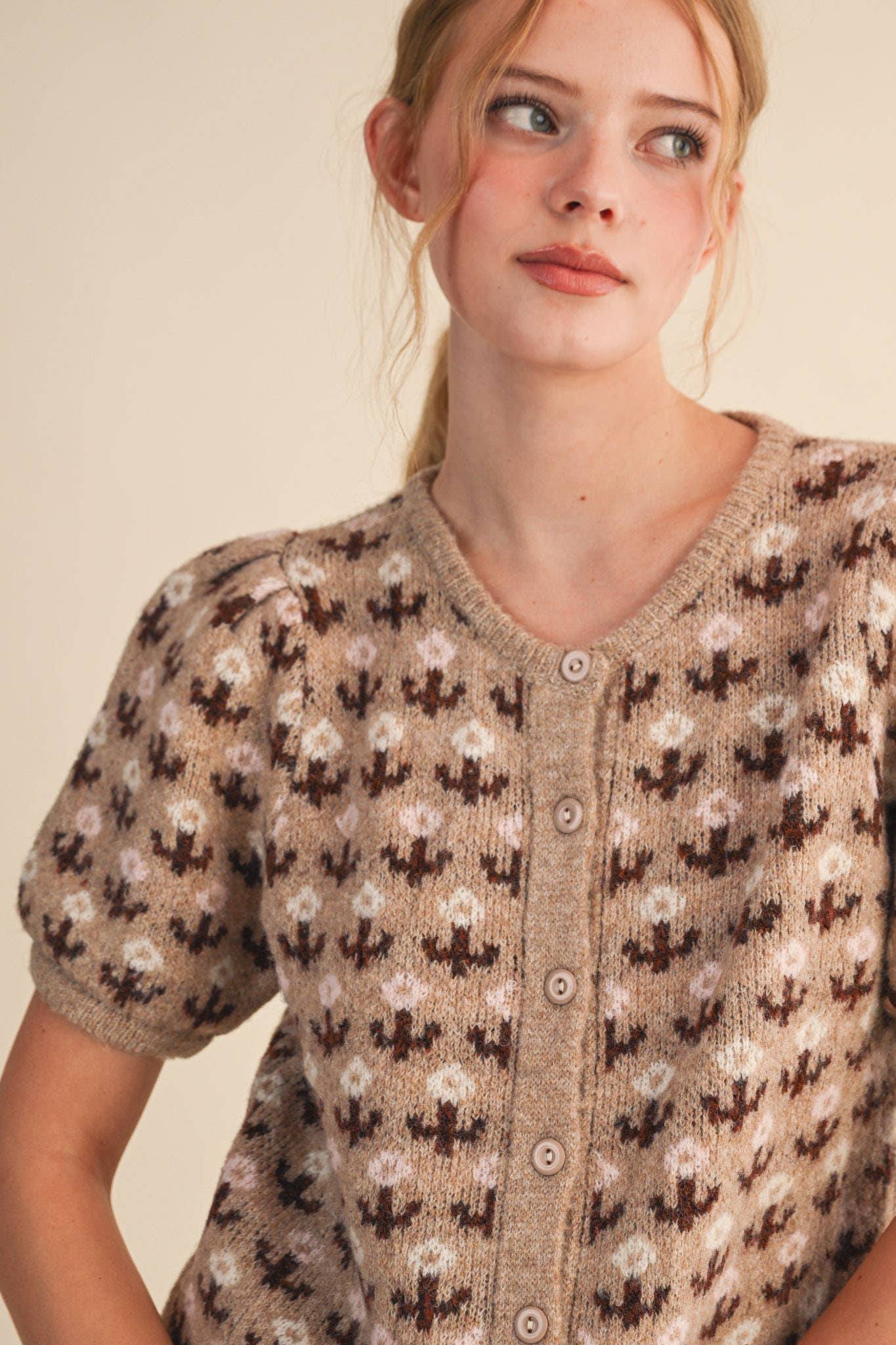 Floral Short Sleeve Sweater Cardigan