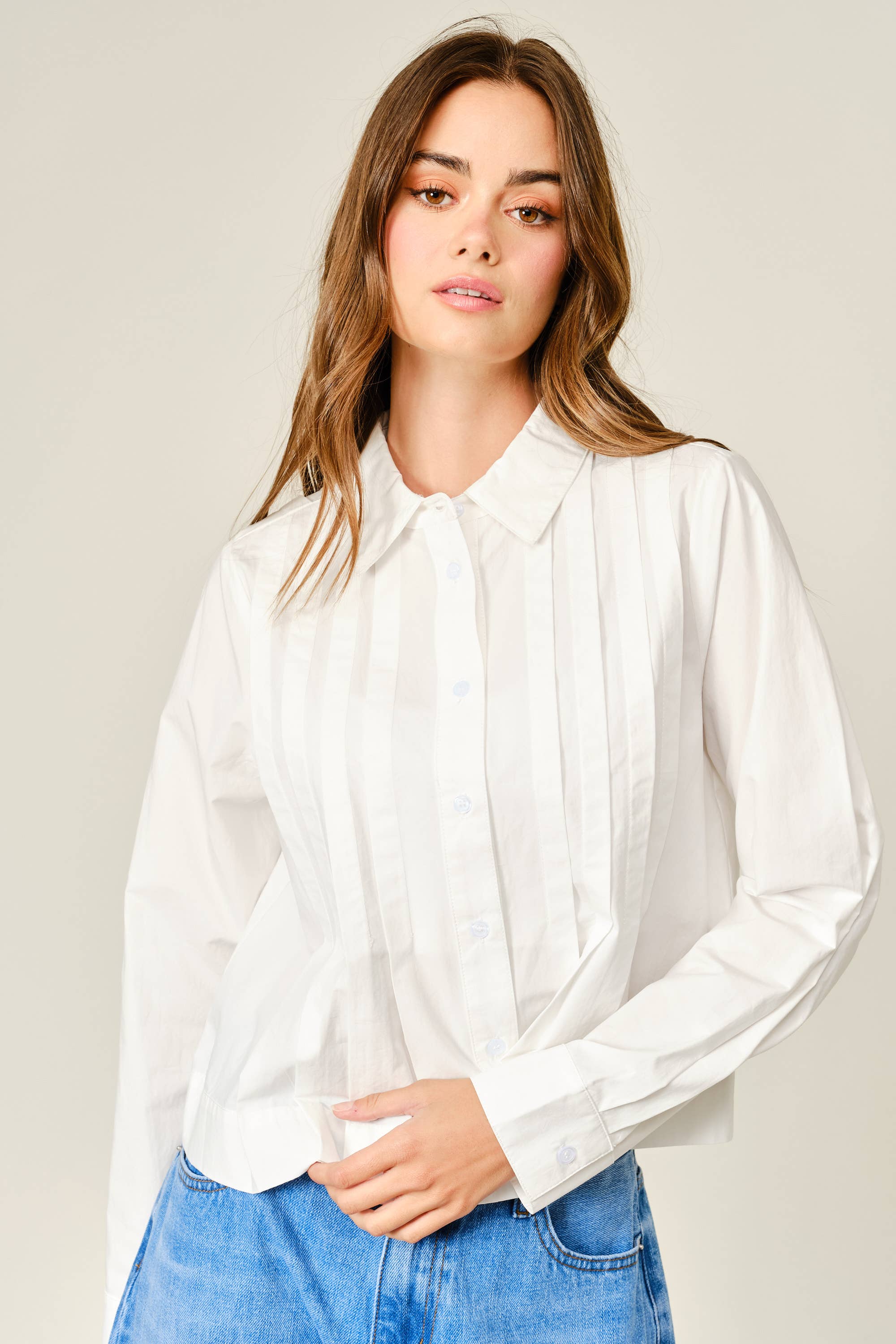 Pleated Cotton Button Down Shirt