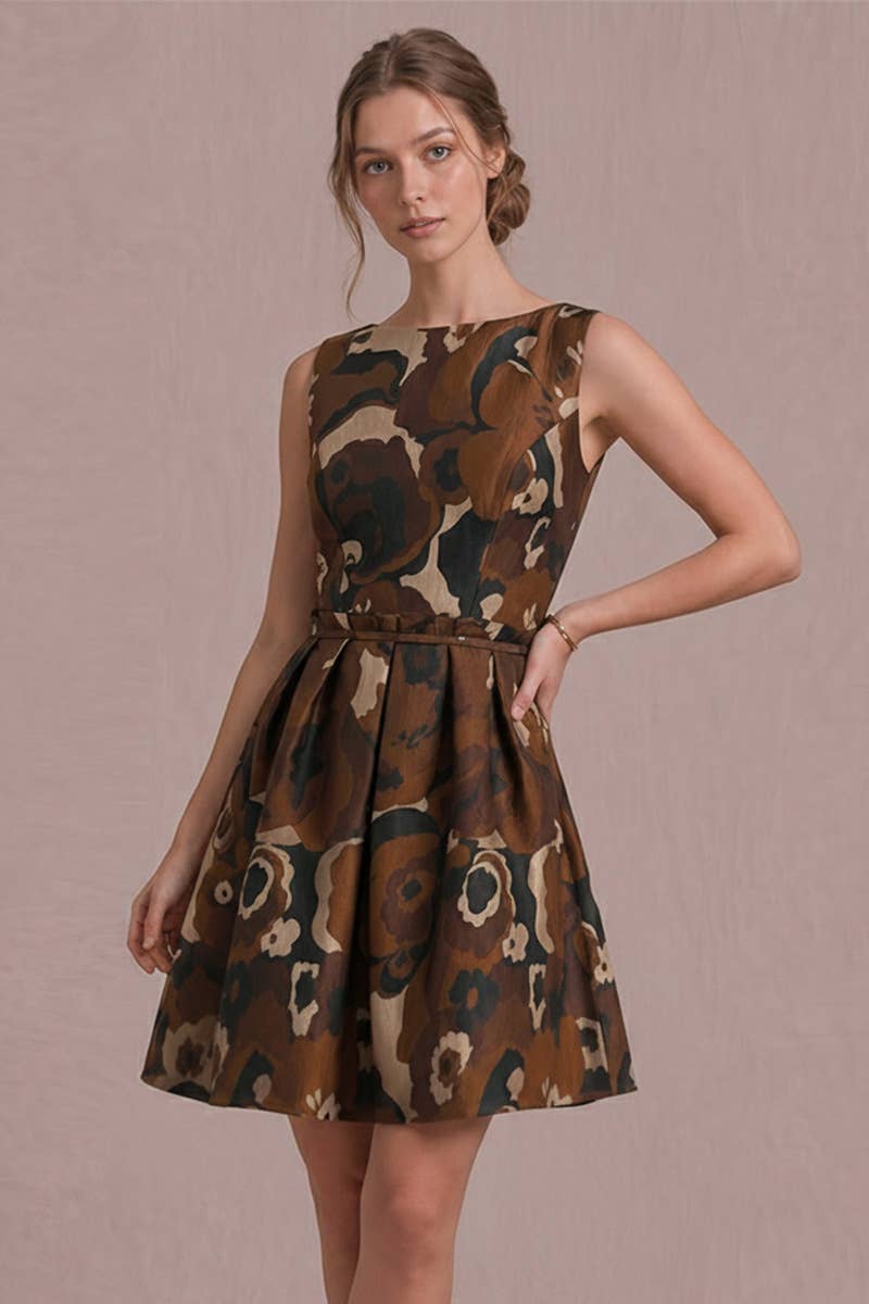Boat Neck Brown Patterned Mini Dress