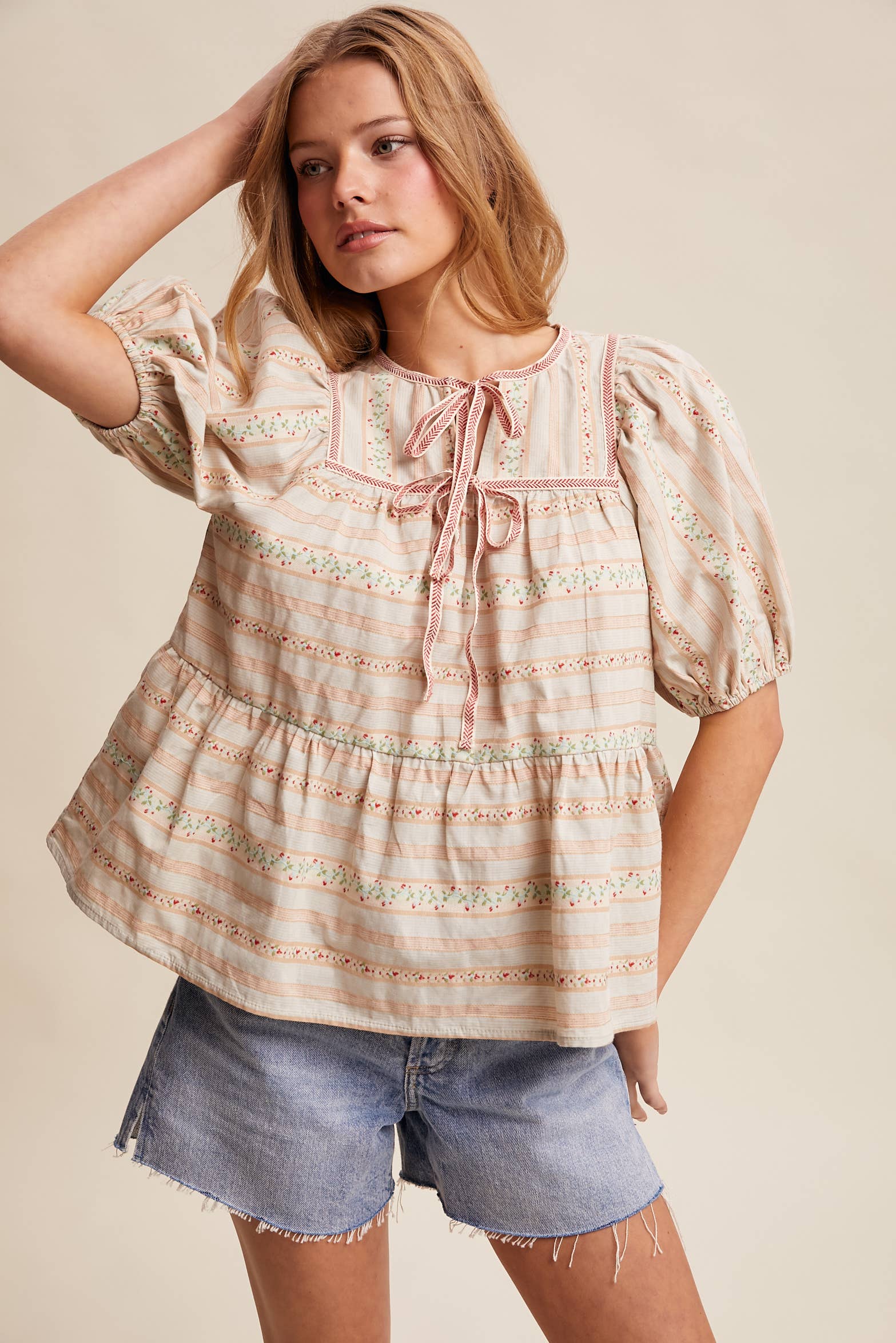 Floral Lace Trim Peasant Blouse