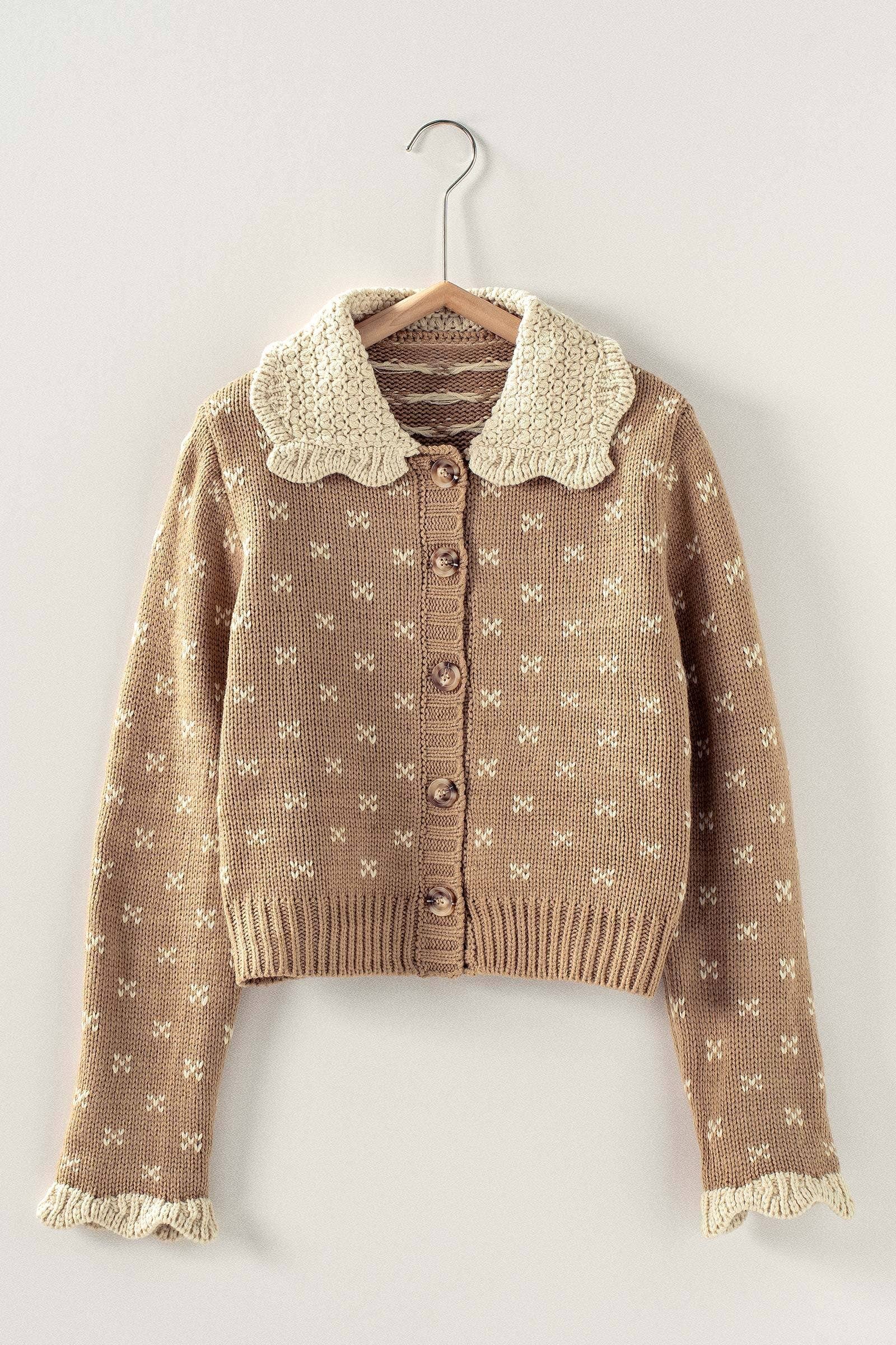 Khaki Knit Ruffle Collar Cardigan