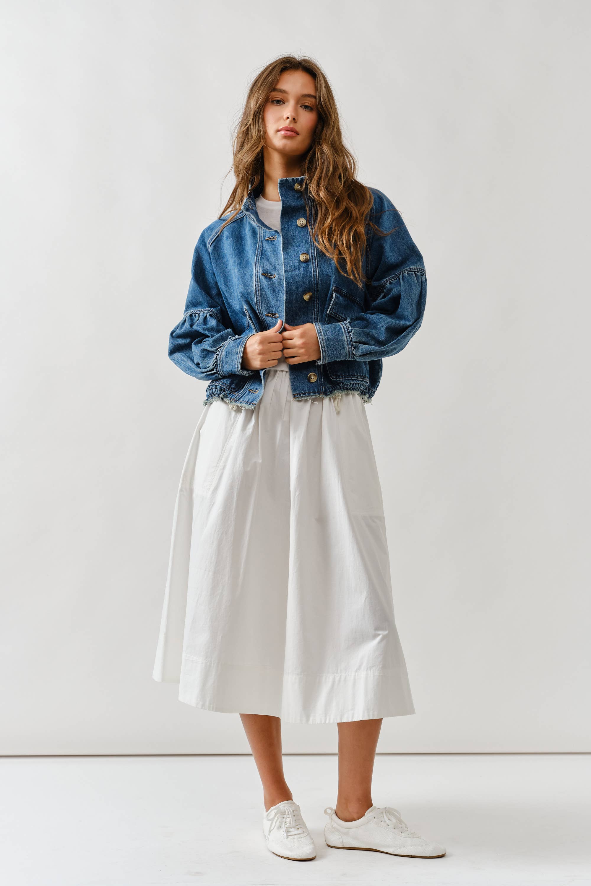 Ballon Sleeve Twill Jacket Drawstring Waist