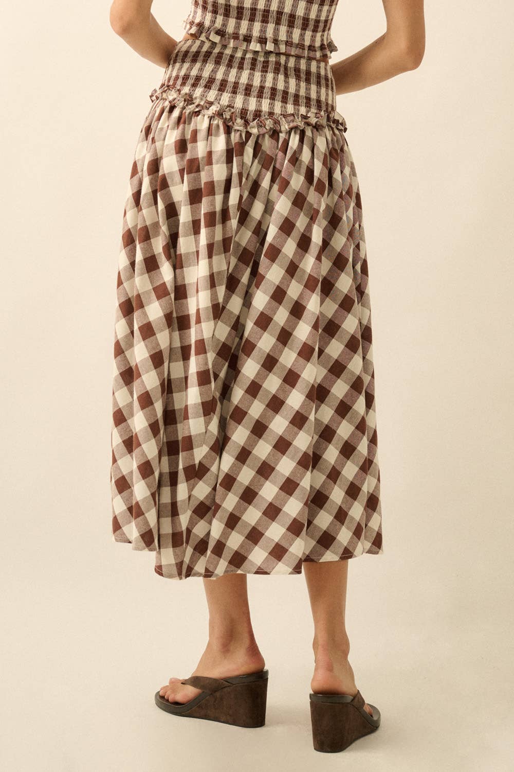Gingham Plaid Drop-Waist Ruffle-Tim Circle Midi Skirt