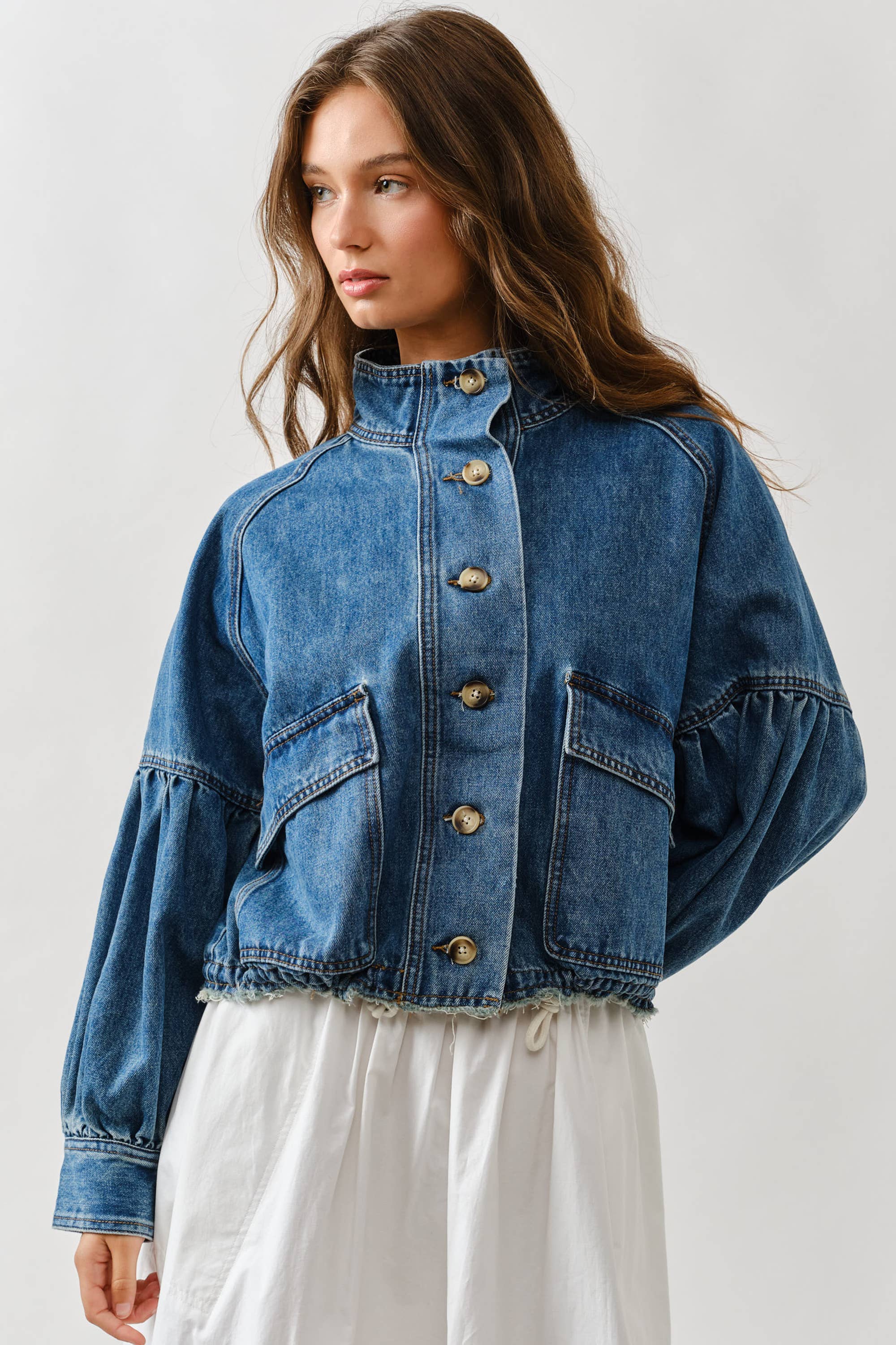 Ballon Sleeve Twill Jacket Drawstring Waist