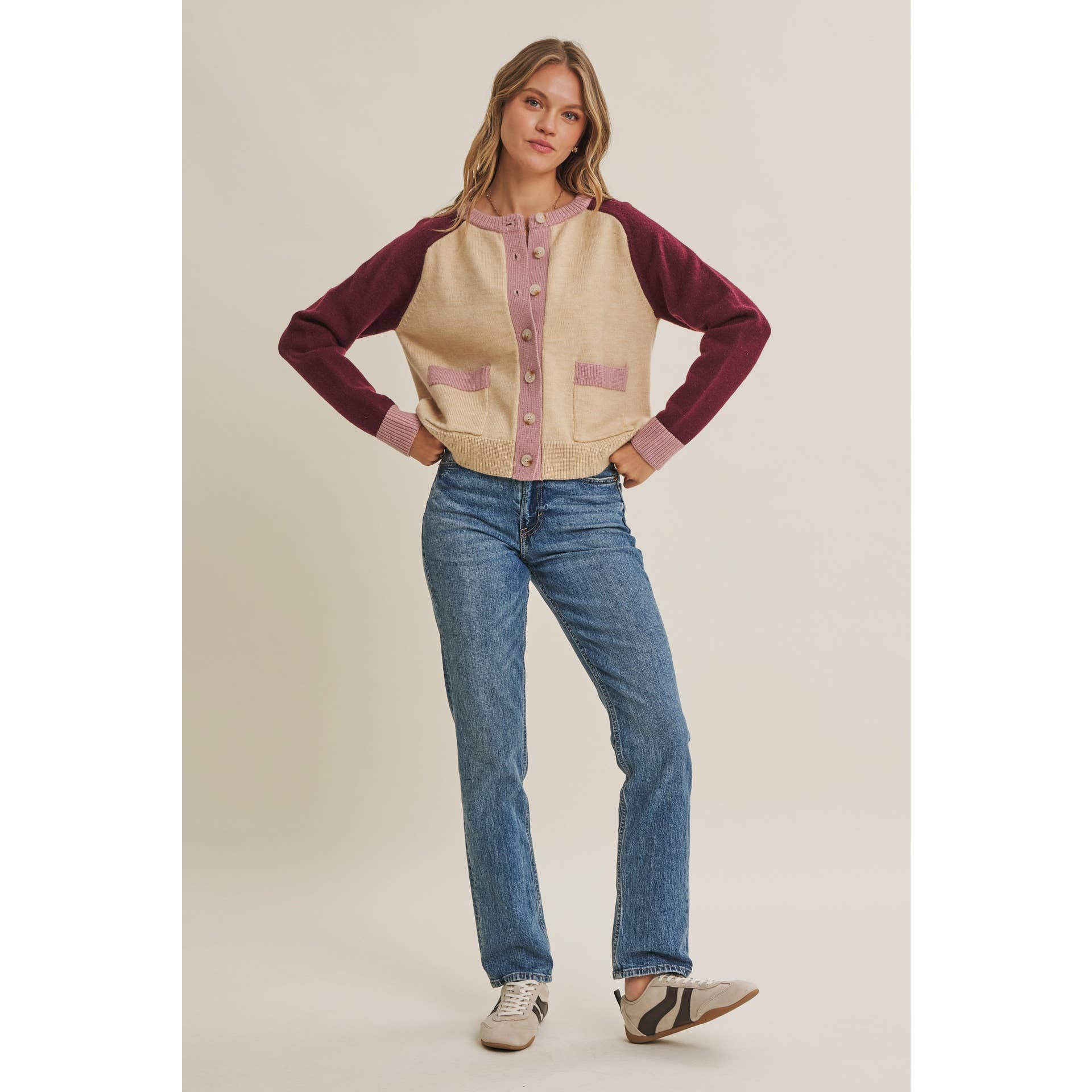 Colorblock Wool Blend Crewneck Cardigan