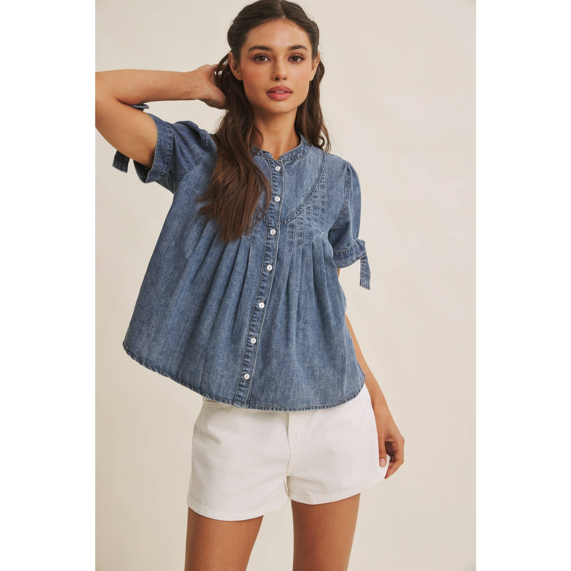 Mineral-Washed Denim Pintuck Shirt