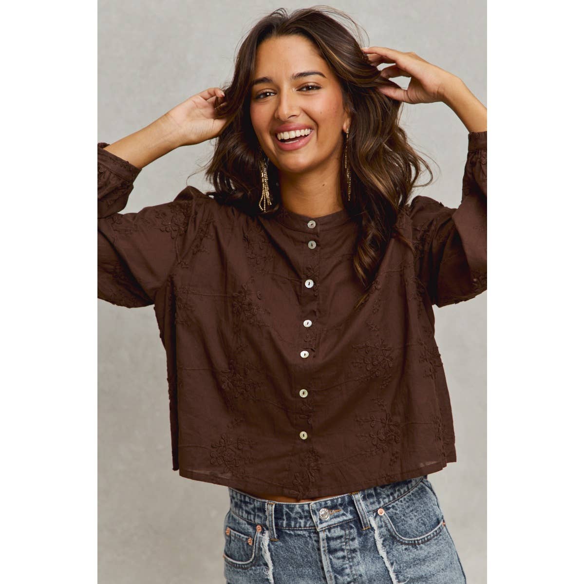 Cropped Floral Long Sleeve Button Front Shirt
